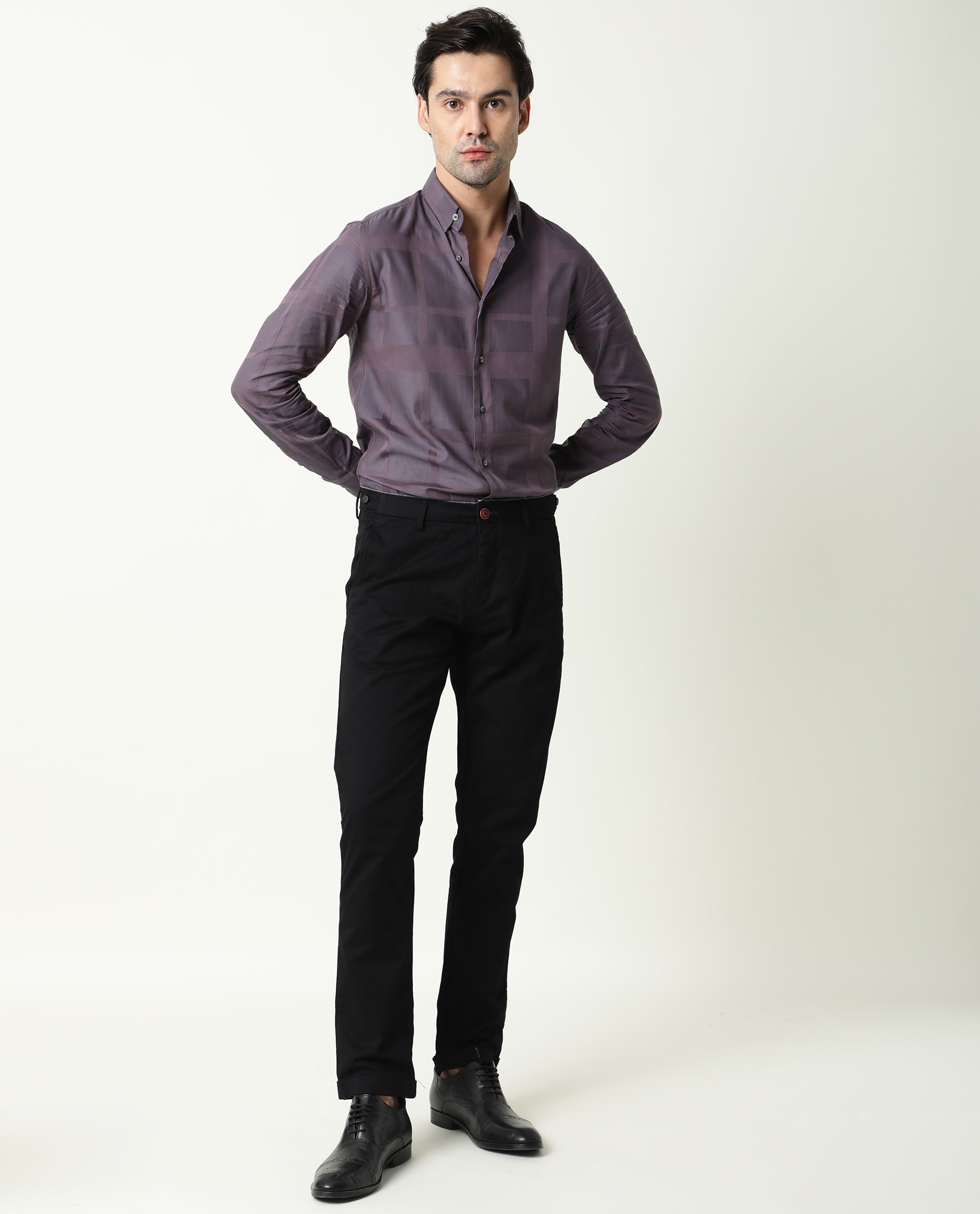 RARE RABBIT MEN'S BOXLINE-3 PURPLE SHIRT COTTON LYOCELL FABRIC COLLARED NECK FULL SLEEVES BUTTON CLOSURE SLIM FIT