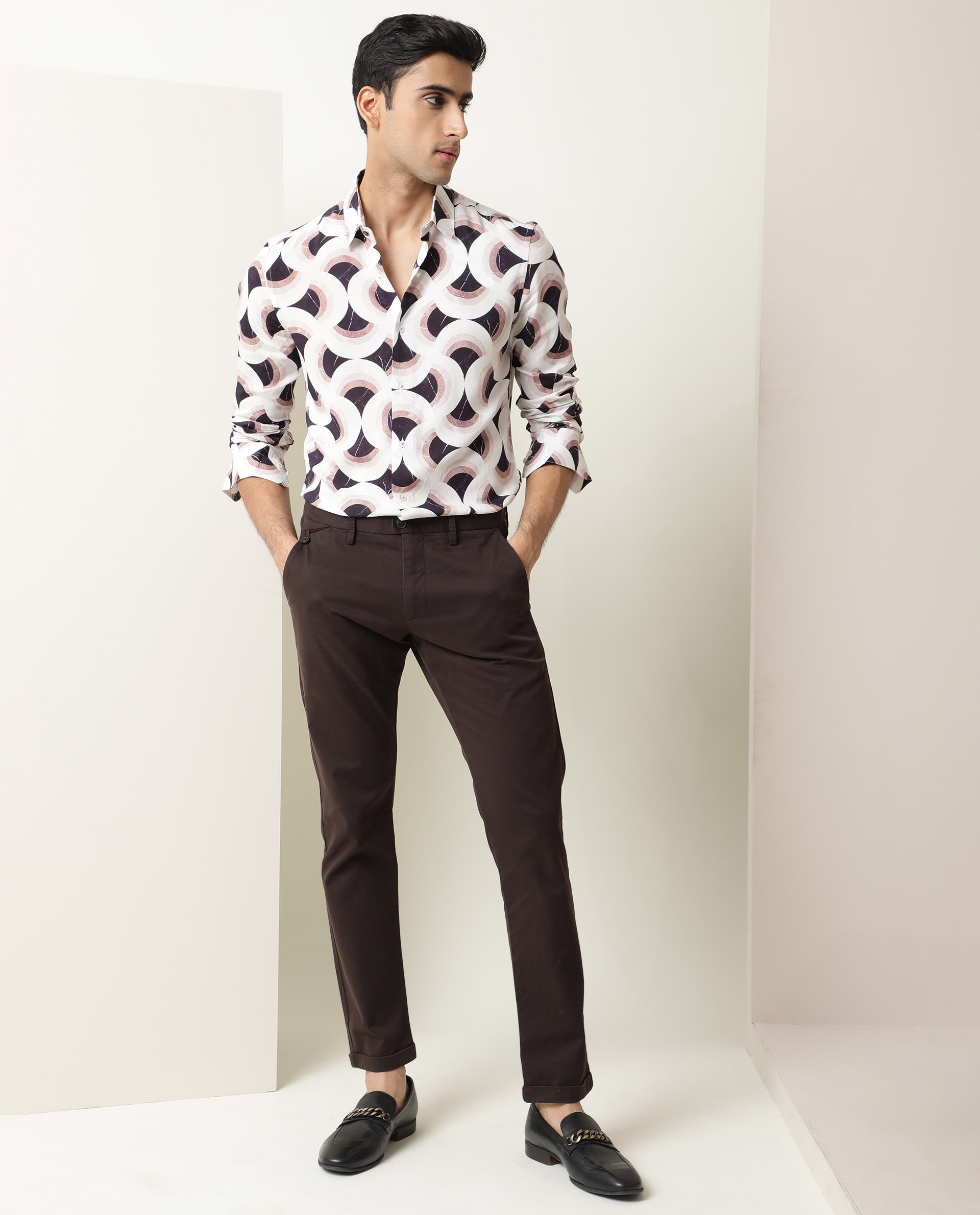 Rare Rabbit Men's Febug Off White Viscose Fabric Geometric Print Full Sleeves Shirt