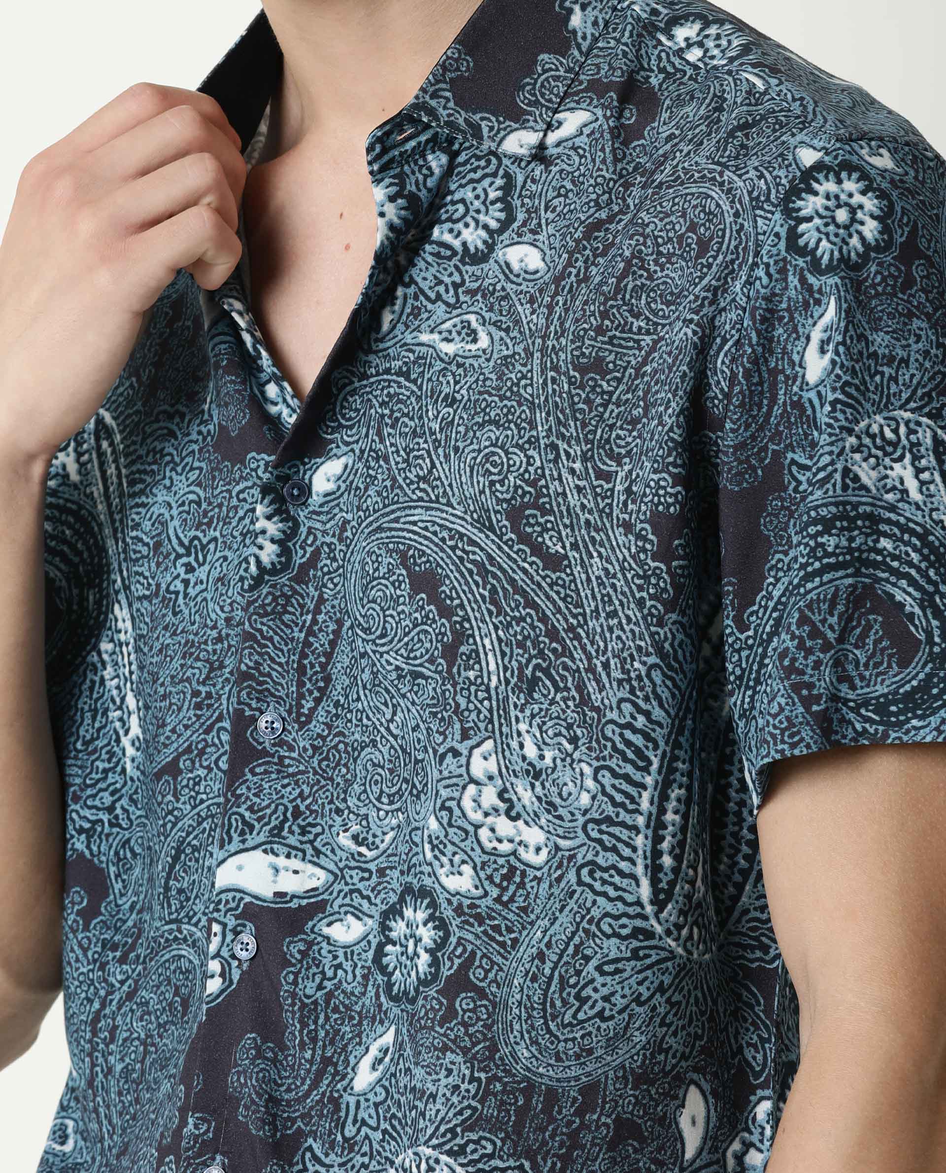 RARE RABBIT MENS LAWRN SS BLUE SHIRT COTTON VISCOSE FABRIC SLIM FIT COLLAR COLLAR Short Sleeve