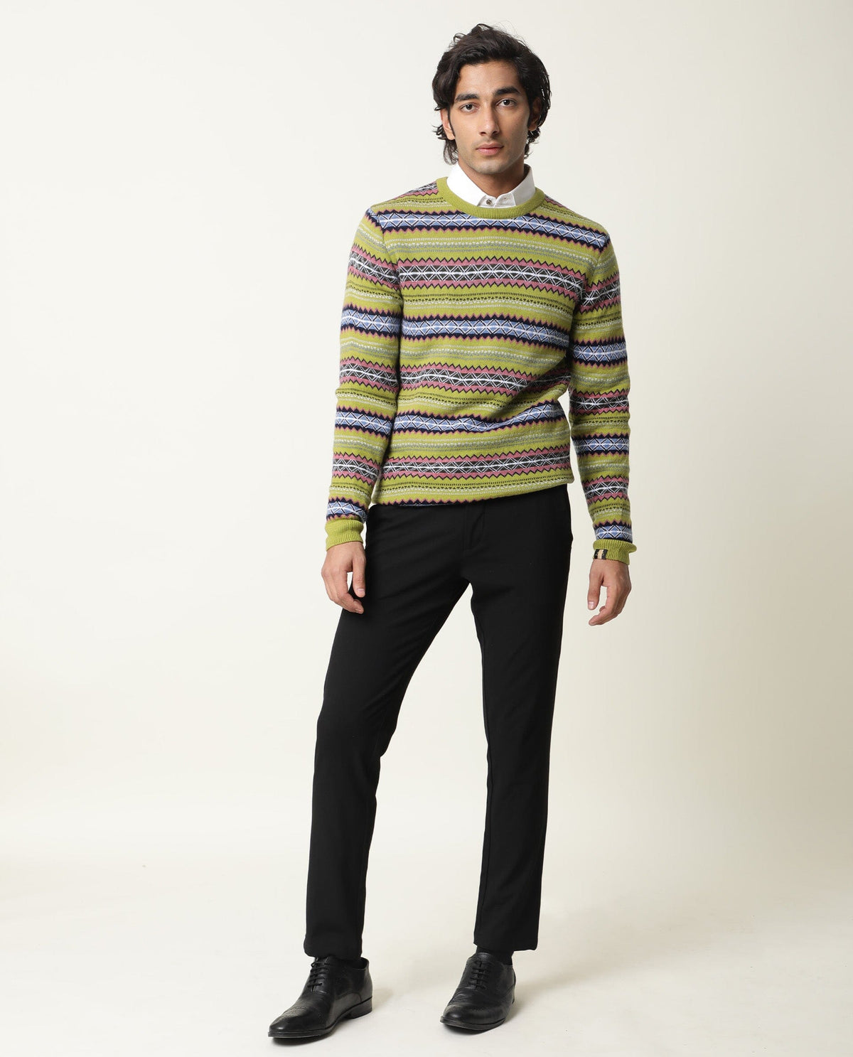 RARE RABBIT MEN'S FARE LIGHT GREEN PULLOVER ACRYLIC FABRIC ROUND NECK FULL SLEEVES SLIM FIT