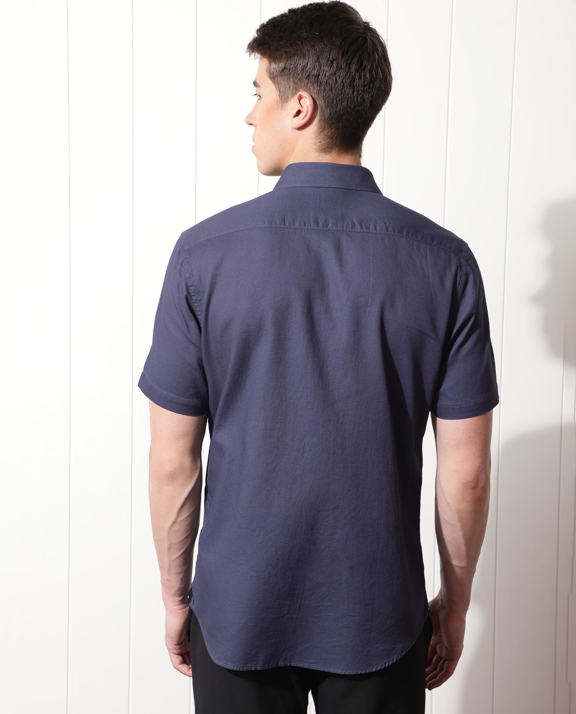 Rare Rabbit Men's Affle Dark Purple Dobby Fabric Half Sleeves Solid Shirt