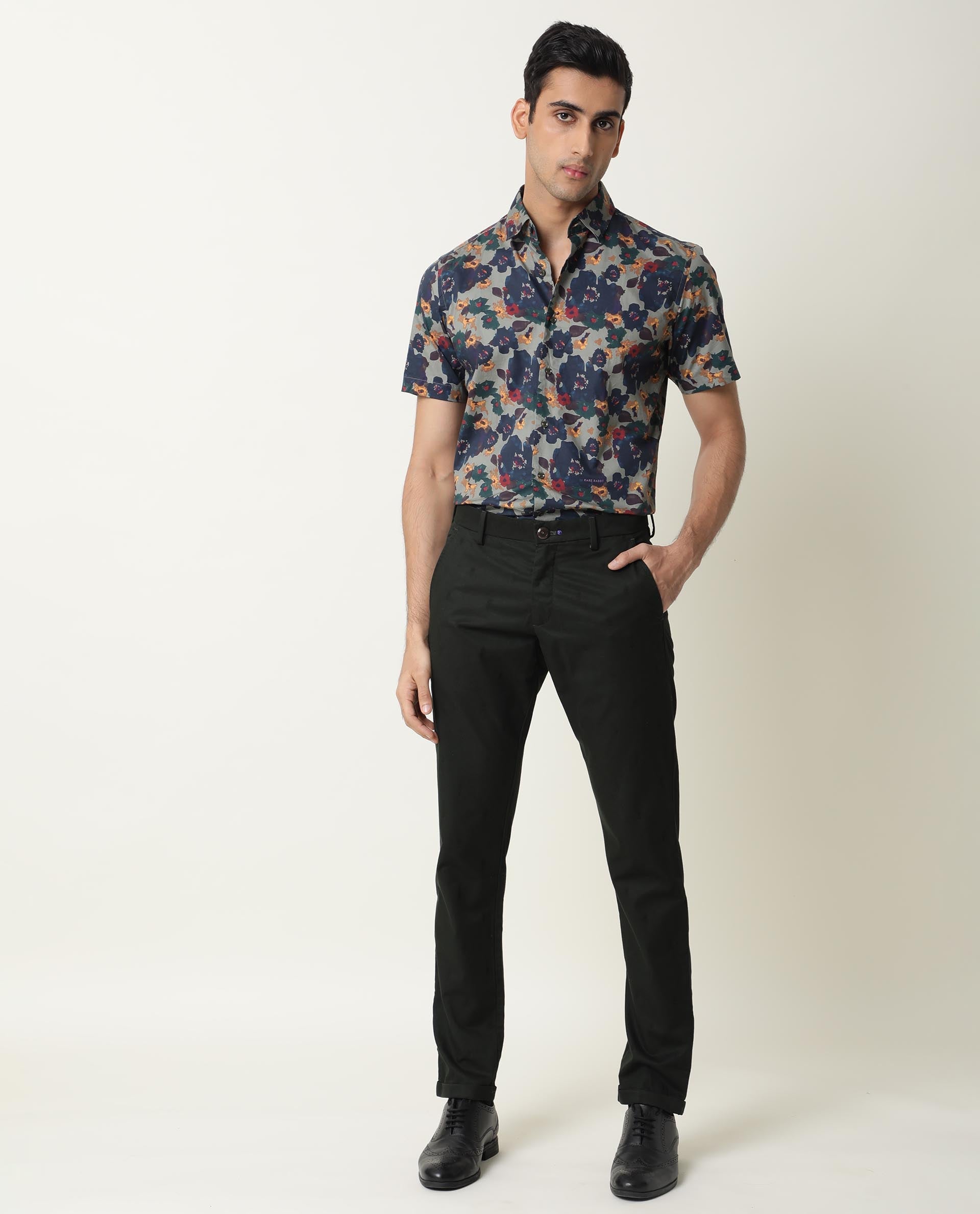 Rare Rabbit Men's Vishh Green Poplin Floral Printed Half Sleeves Shirt