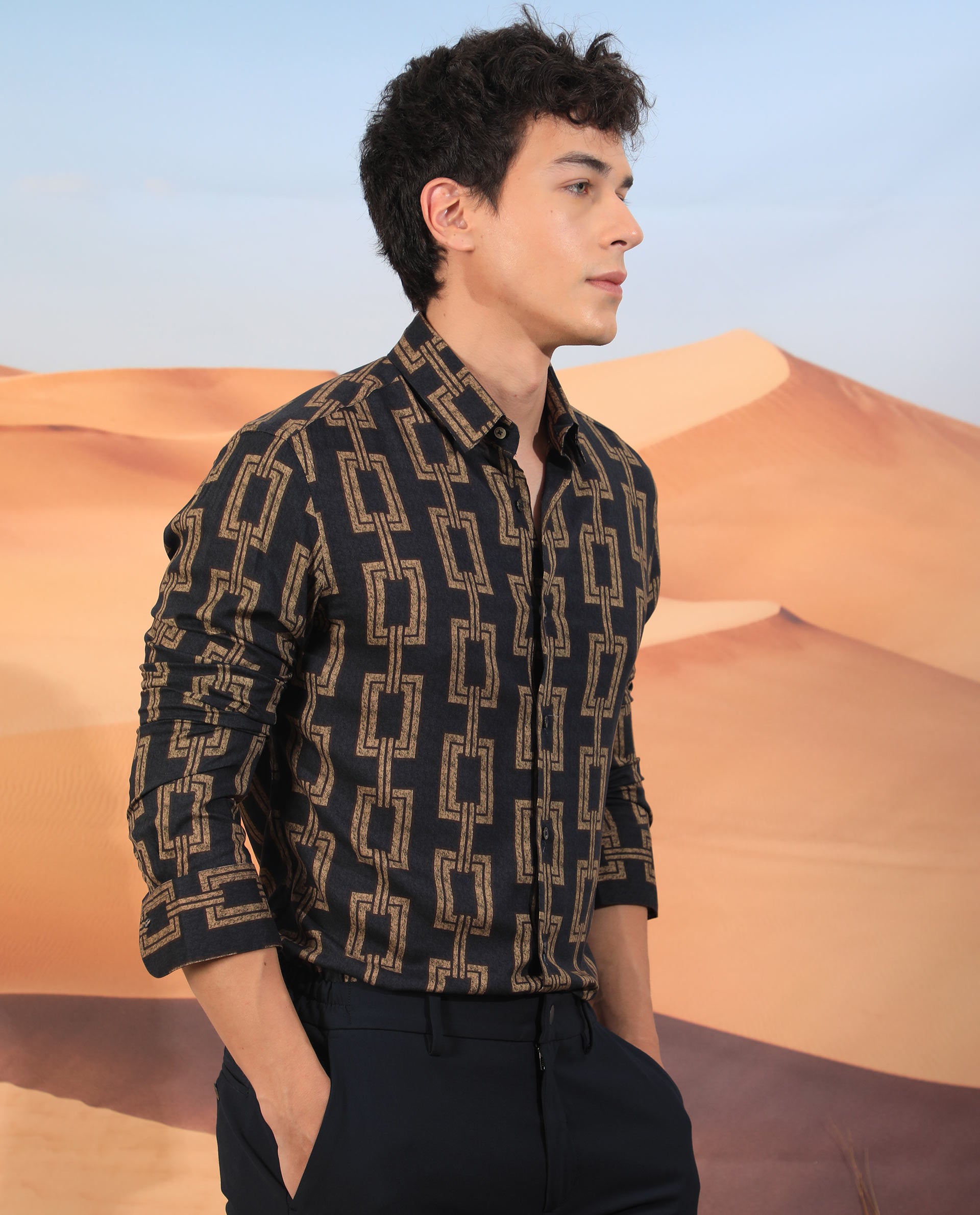 Rare Rabbit Men's Amster Grey Viscose Fabric Full Sleeves Regular Fit Geometric Print Shirt