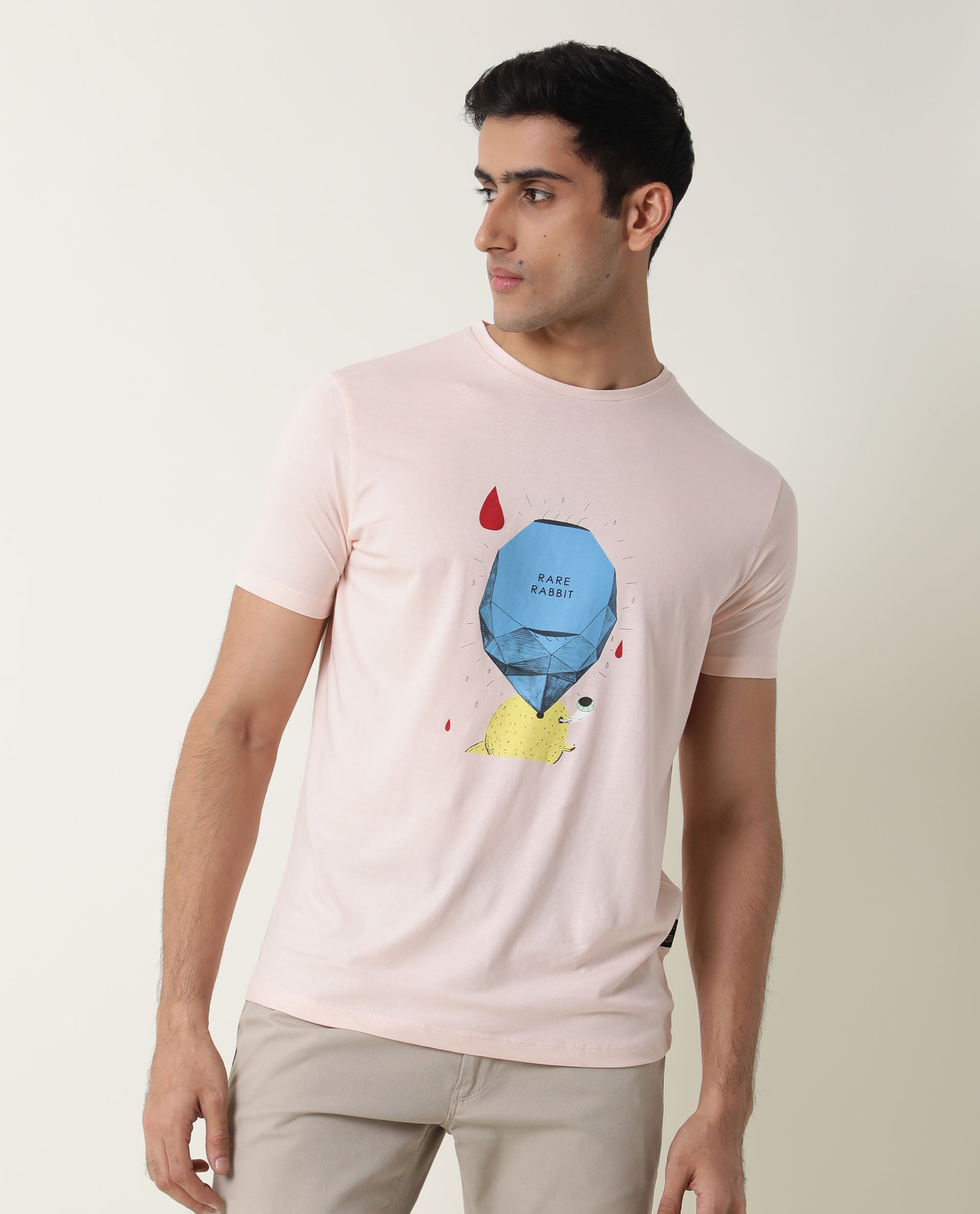 Rare Rabbit Men's Dunnii Pink T-Shirt Cotton Fabric Slim Fit Crew Neck Half Sleeves