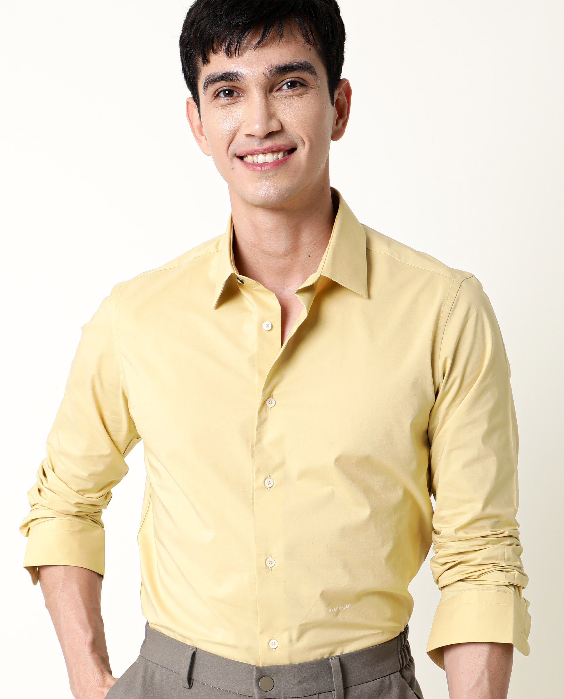 Rare Rabbit Men's Neutro Ls Light Mustard Cotton Polyester Fabric Full Sleeves Solid Shirt