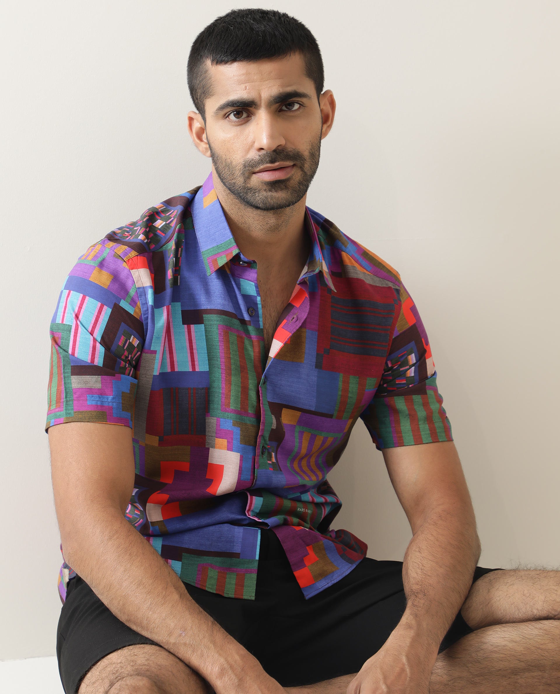 Rare Rabbit Men's Circon Multi Viscose Fabric Half Sleeves Geometric Print Shirt