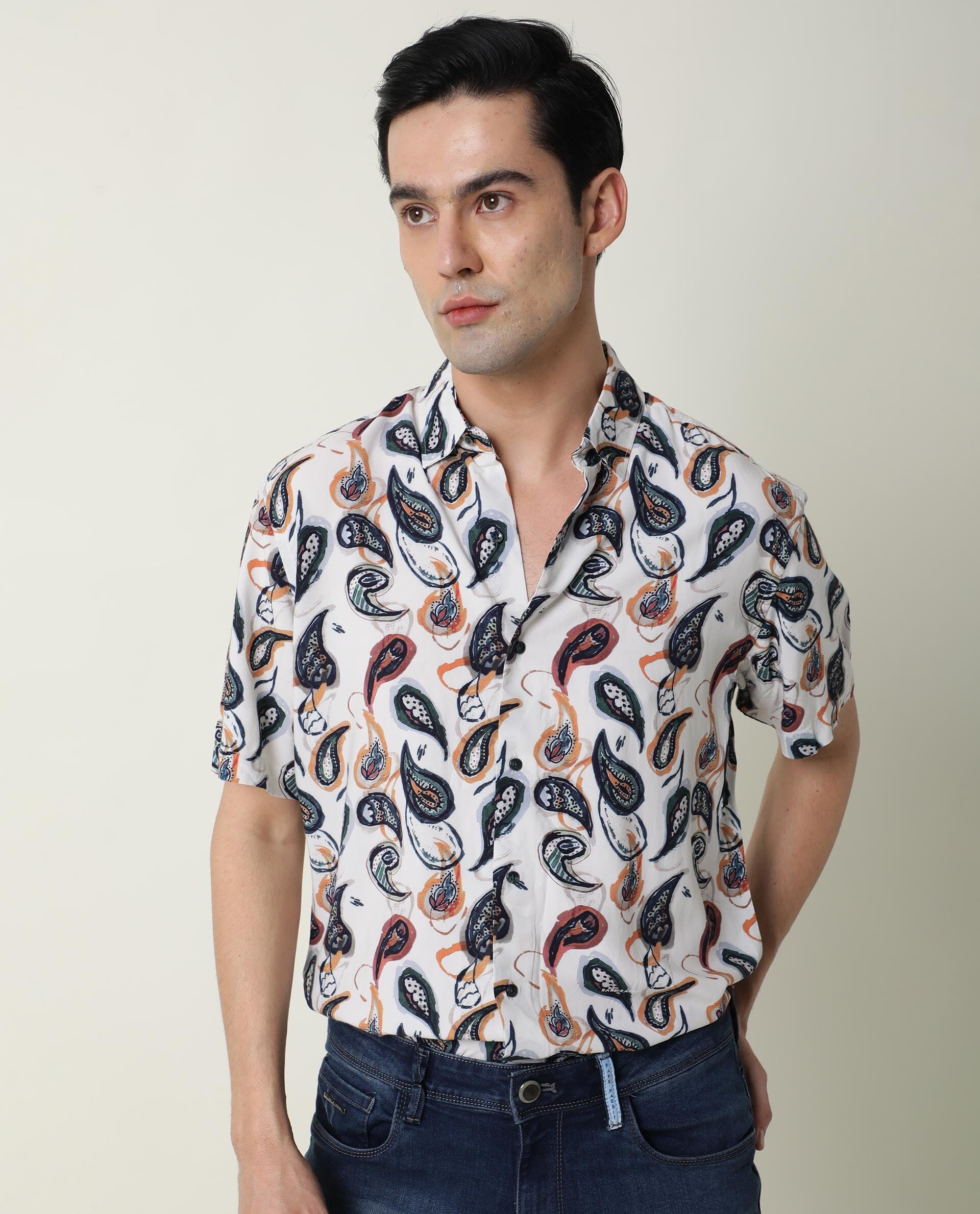 Rare Rabbit Men's Ivy Ss Beige Viscose Fabric Paisley Print Half Sleeves Shirt