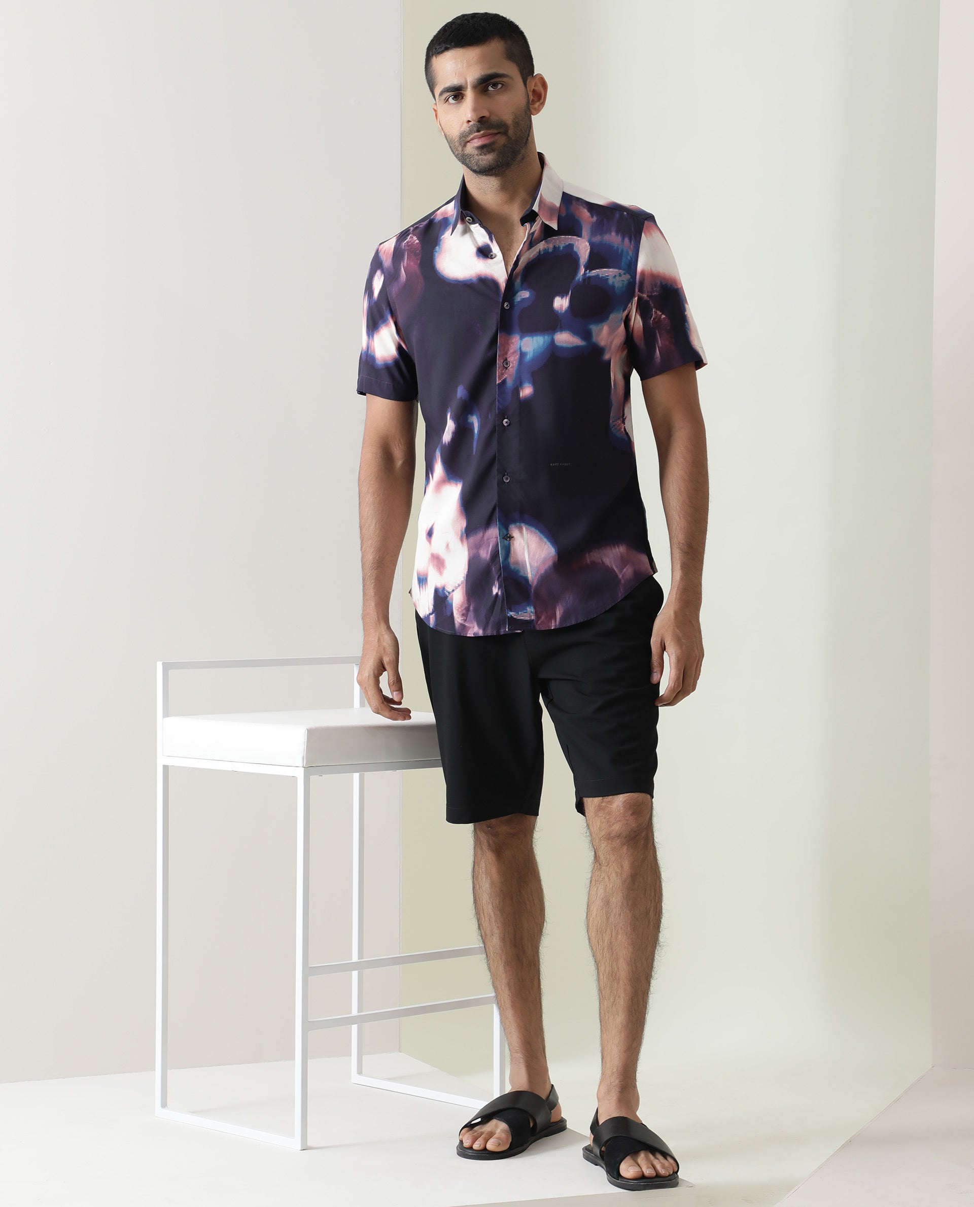 Rare Rabbit Men's Torio Navy Viscose Fabric Abstract Floral Print Half Sleeves Shirt