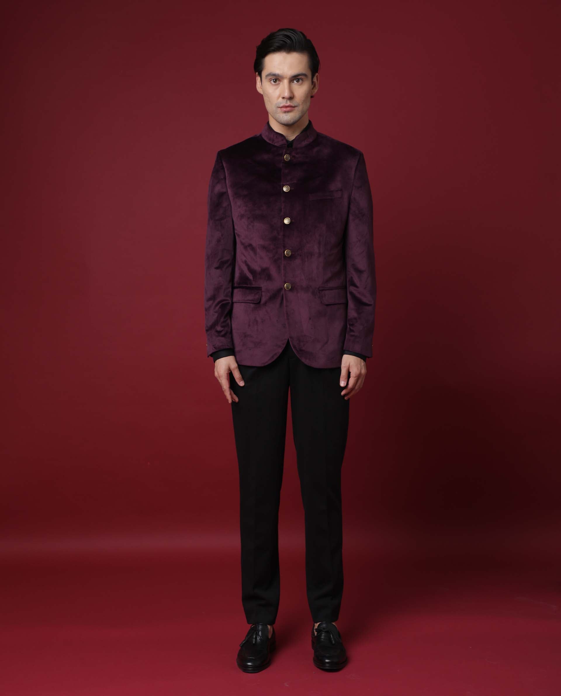 Rare Rabbit Men's Core Primary Maroon Mandarin Collar Full Sleeves Slim Fit Velvet Bandhgala