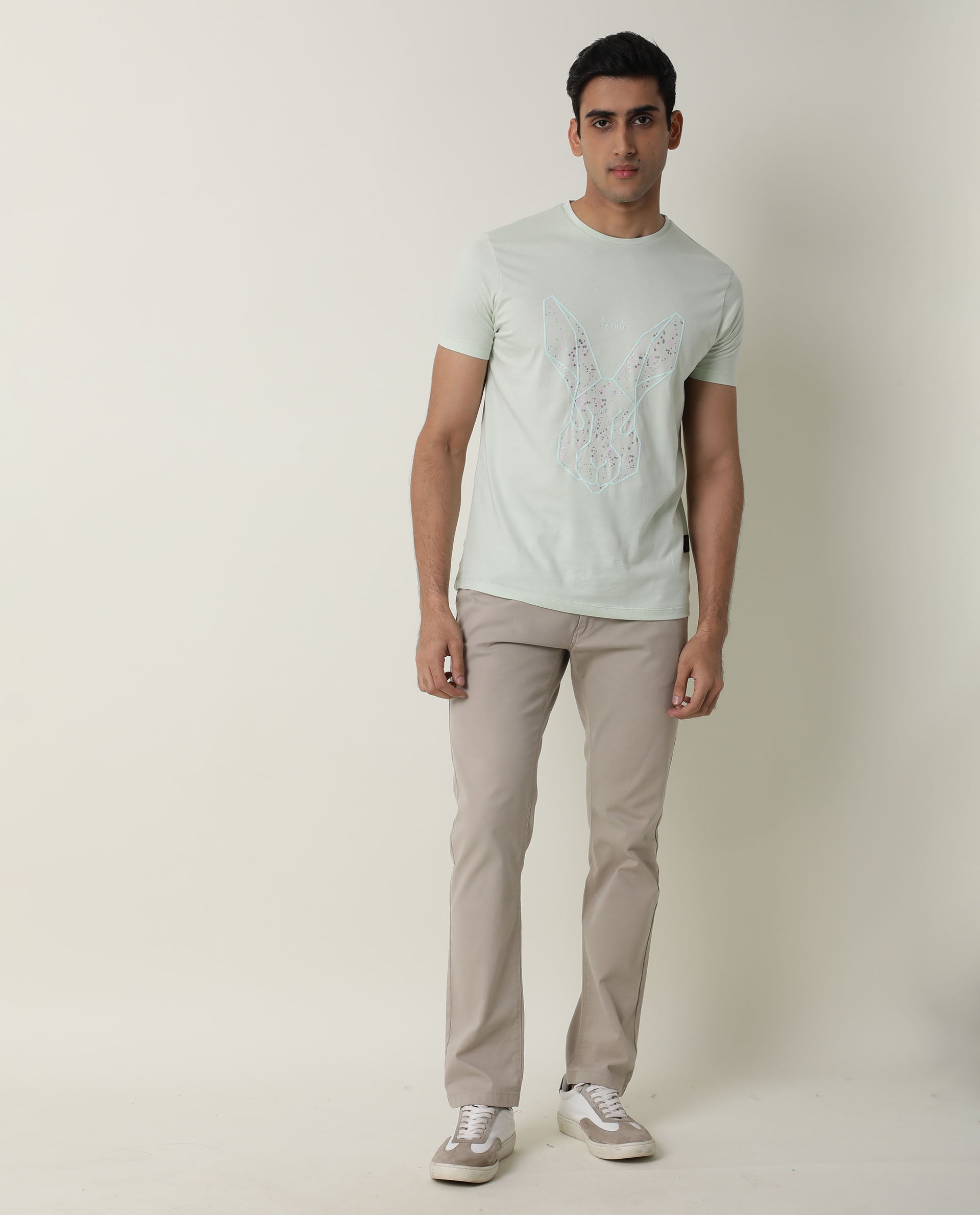 RARE RABBIT MENS MODERN-2 GREEN T-SHIRT COTTON FABRIC SLIM FIT CREW NECK HALF SLEEVE