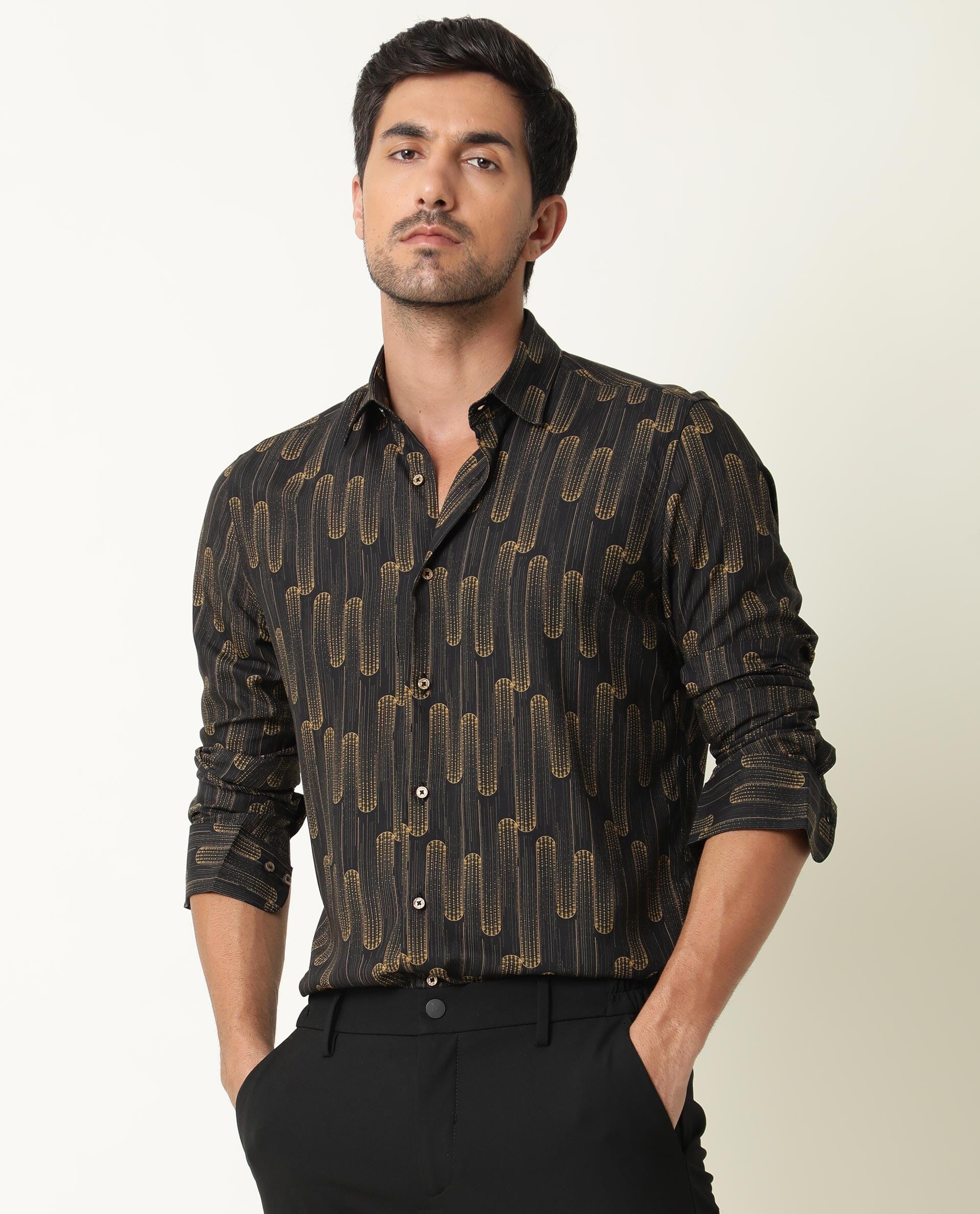 Rare Rabbit Men's Marshey Black Viscose Fabric Full Sleeves Shirt