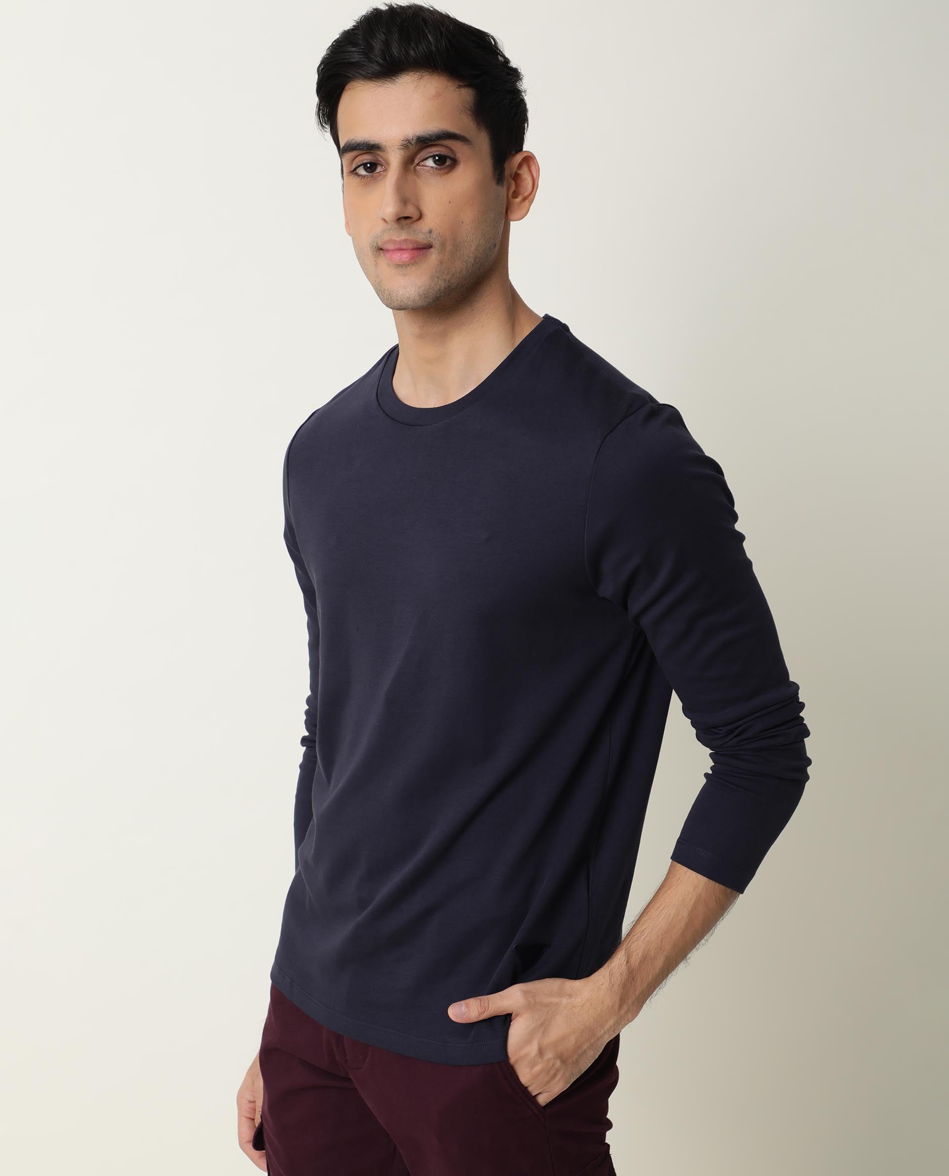 Rare Rabbit Full Primary Navy Solid Crew NeckFull Sleeves Slim Fit T-Shirt