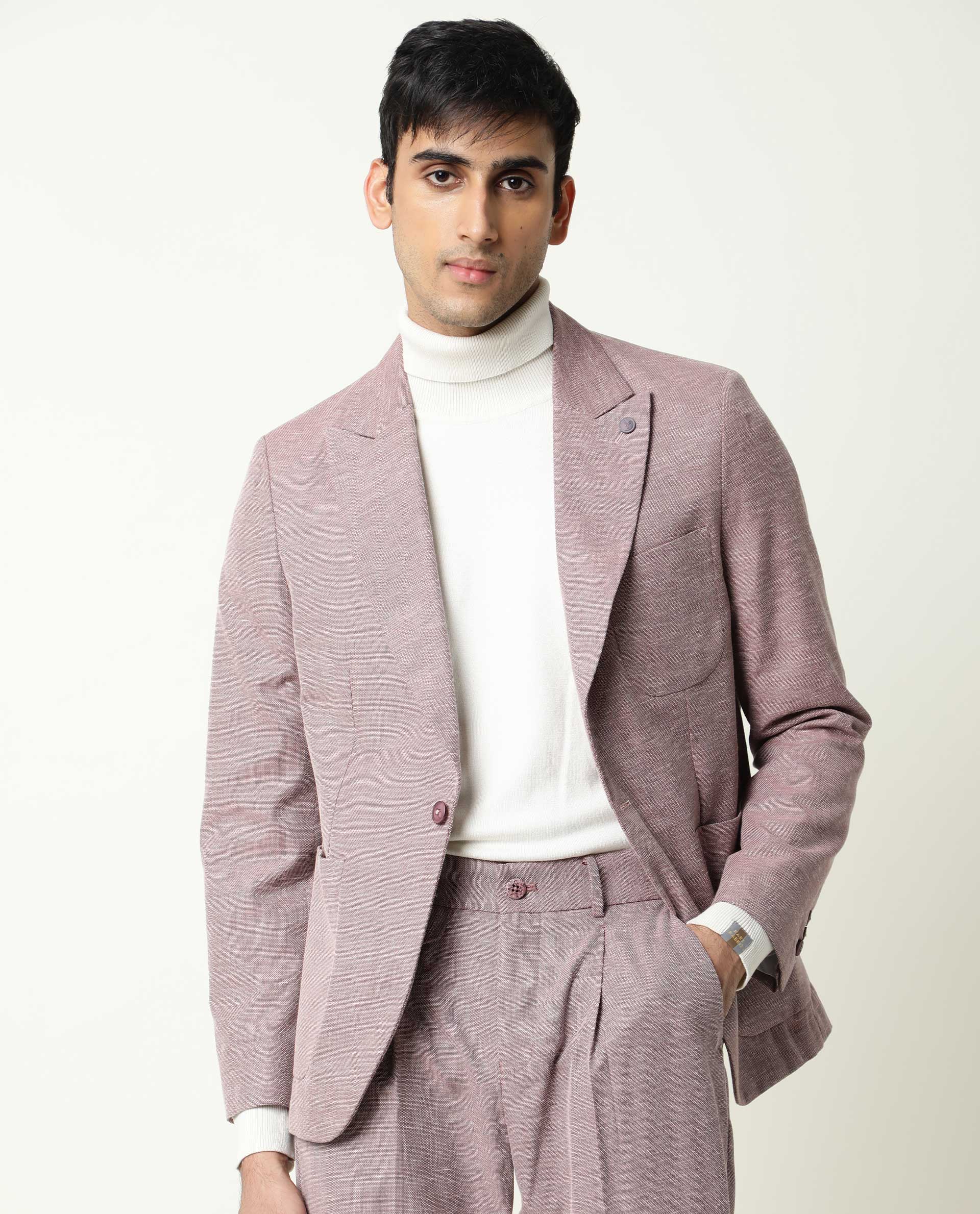 Rare Rabbit Men's Dexit Primary Maroon Polyester Viscose Fabric Peak Lapel Single Breasted Tailored Fit Textured Blazer