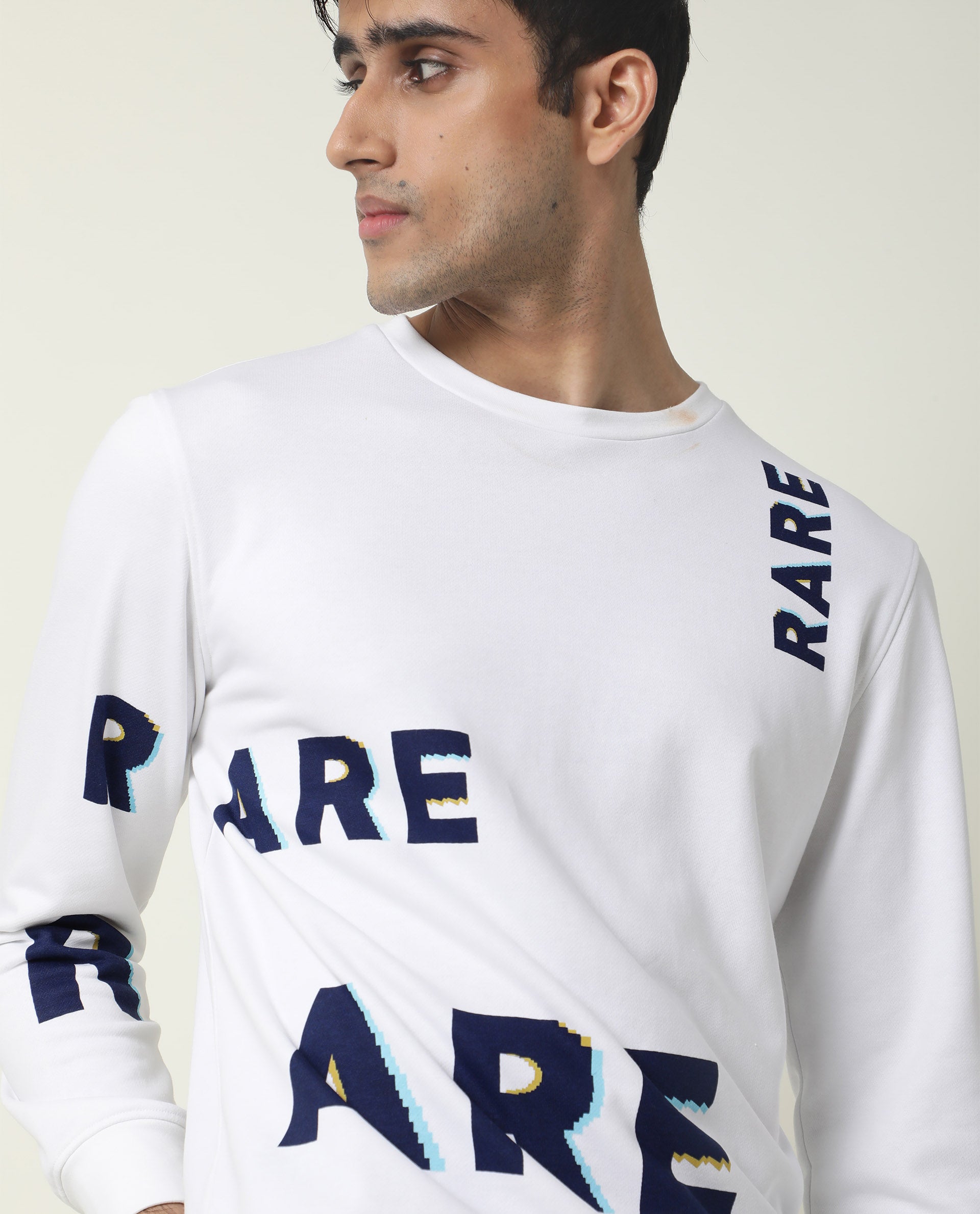 Rare Rabbit Men's Clovis White Cotton Polyester Fabric Full Sleeves Graphic Statement Print Sweatshirt