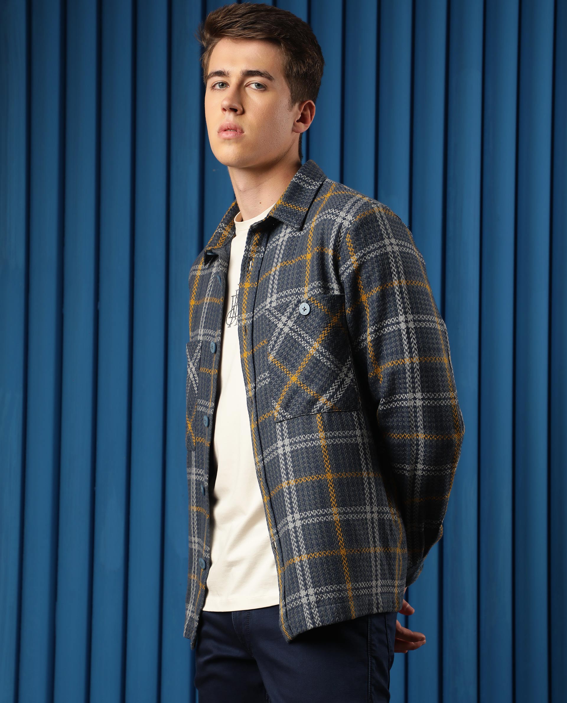 Rare Rabbit Men's Hunter Grey Checks Spread Collar Shacket