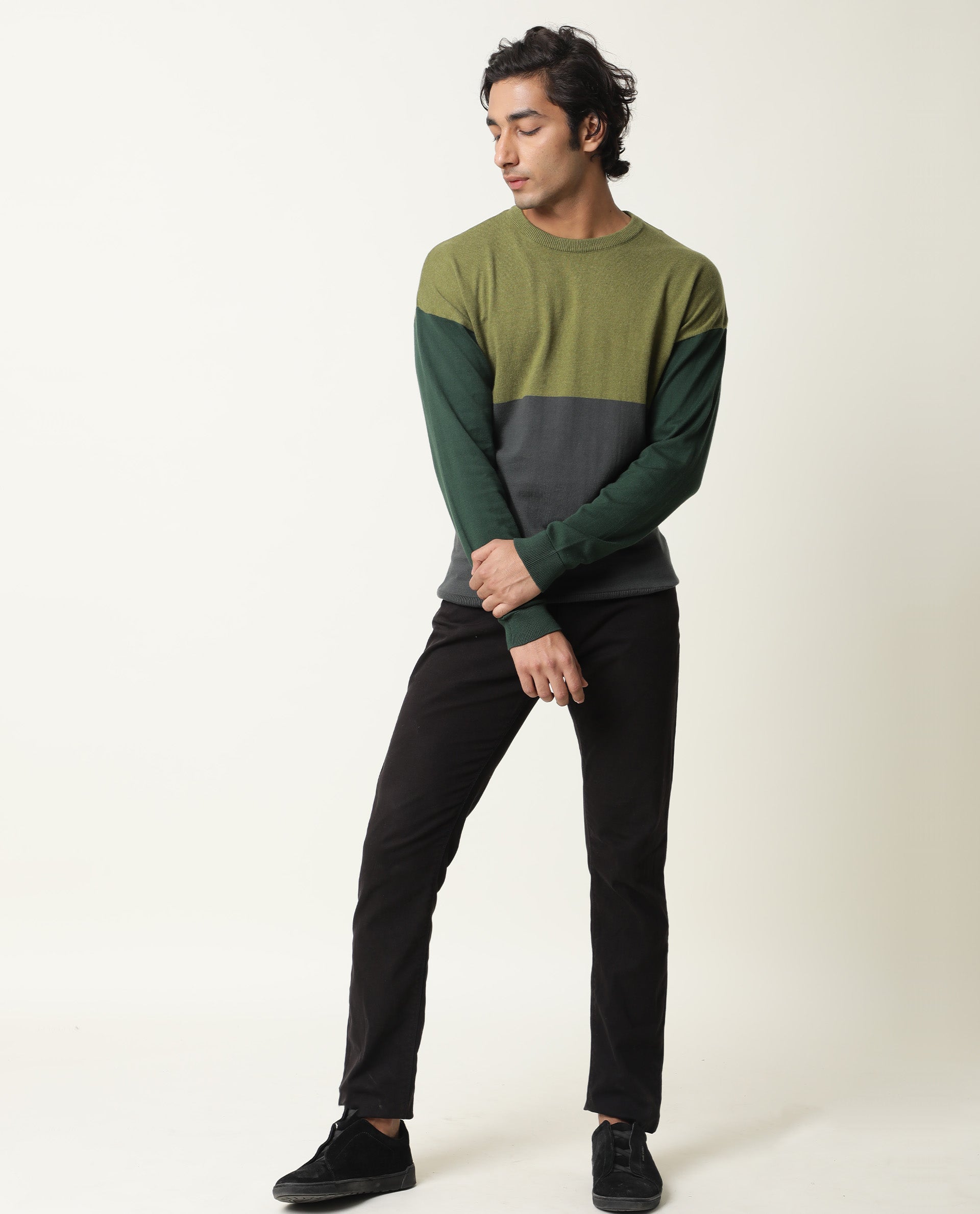 Rare Rabbit Tanko Primary Green Sweater Cotton Fabric Full Sleeve Round Neck Slim Fit