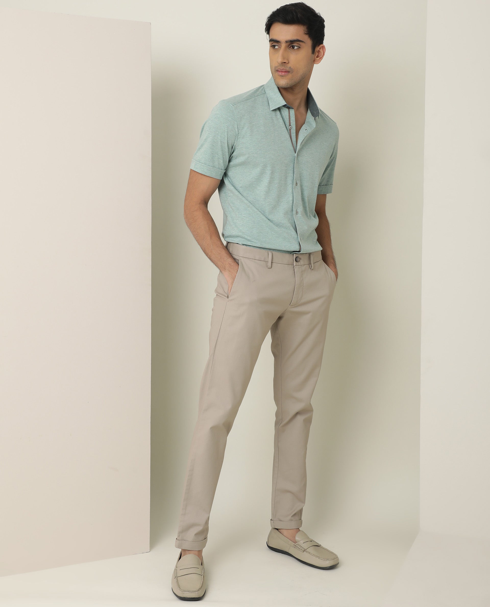 Rare Rabbit Men's Miraj Pastel Green Cotton Fabric Half Sleeves Knitted Shirt