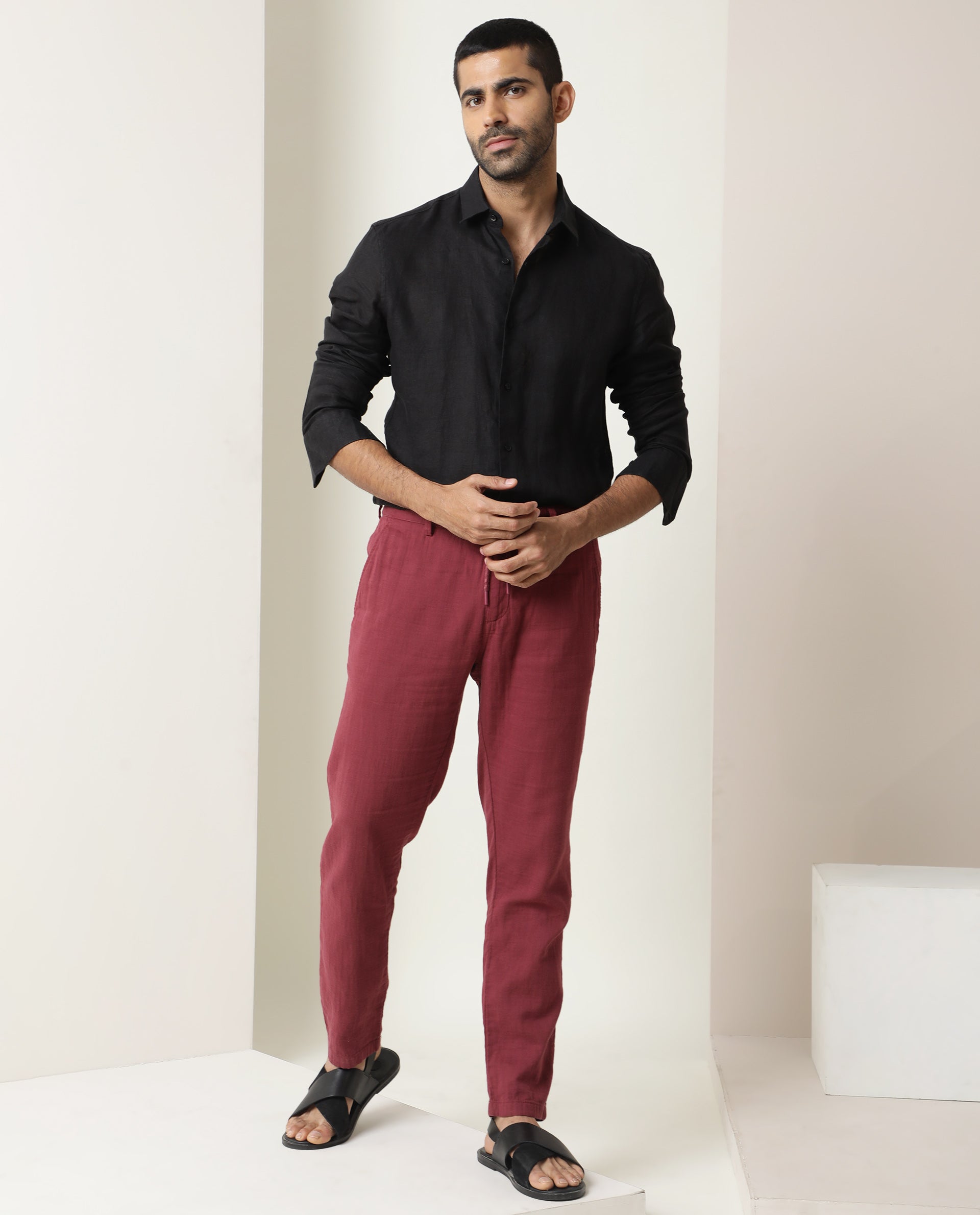 Rare Rabbit Men's Pastor Dark Red Solid Mid-Rise With Drawstring And Elastic Waistband Regular Fit Trouser