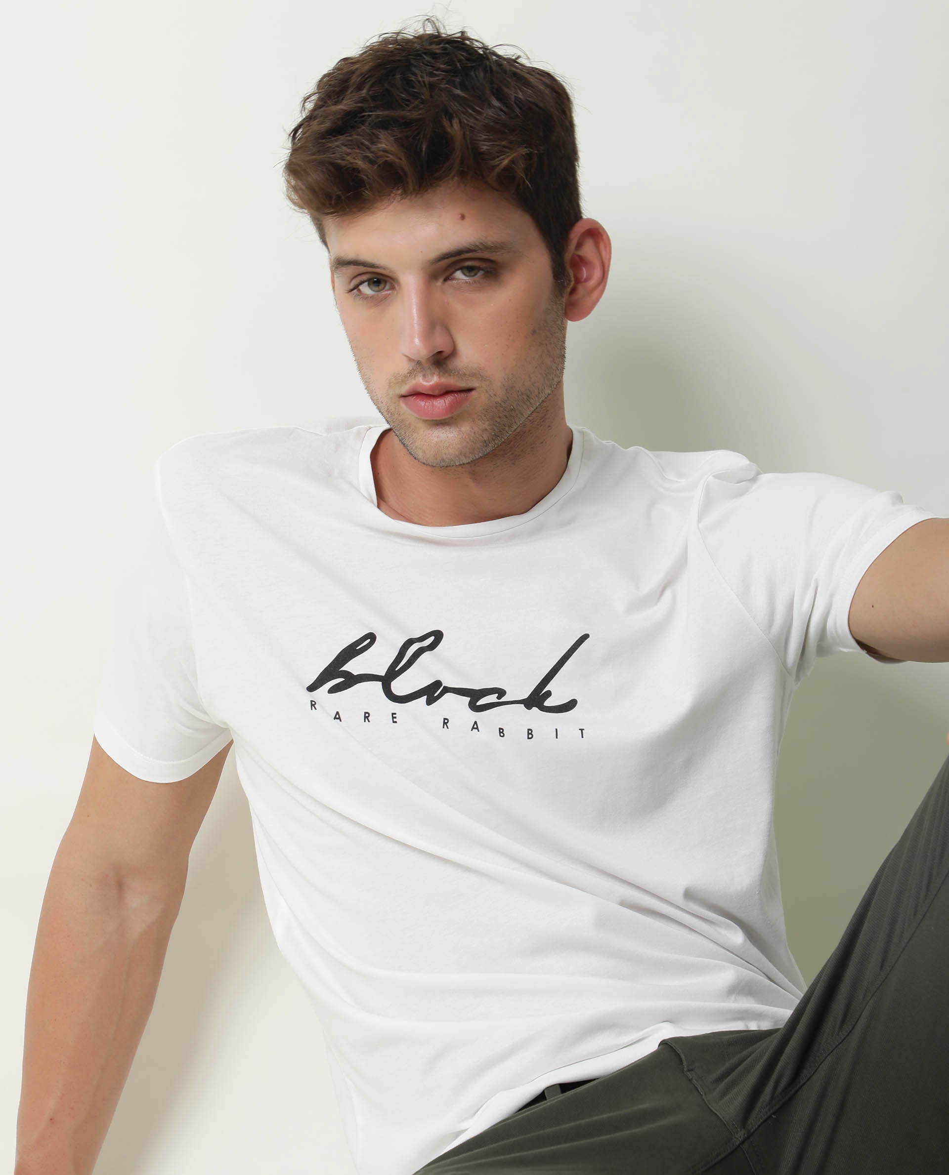 RARE RABBIT DARK PRIMARY OFFWHITE T-SHIRT COTTON FABRIC SHORT SLEEVE ROUND NECK SLIM FIT