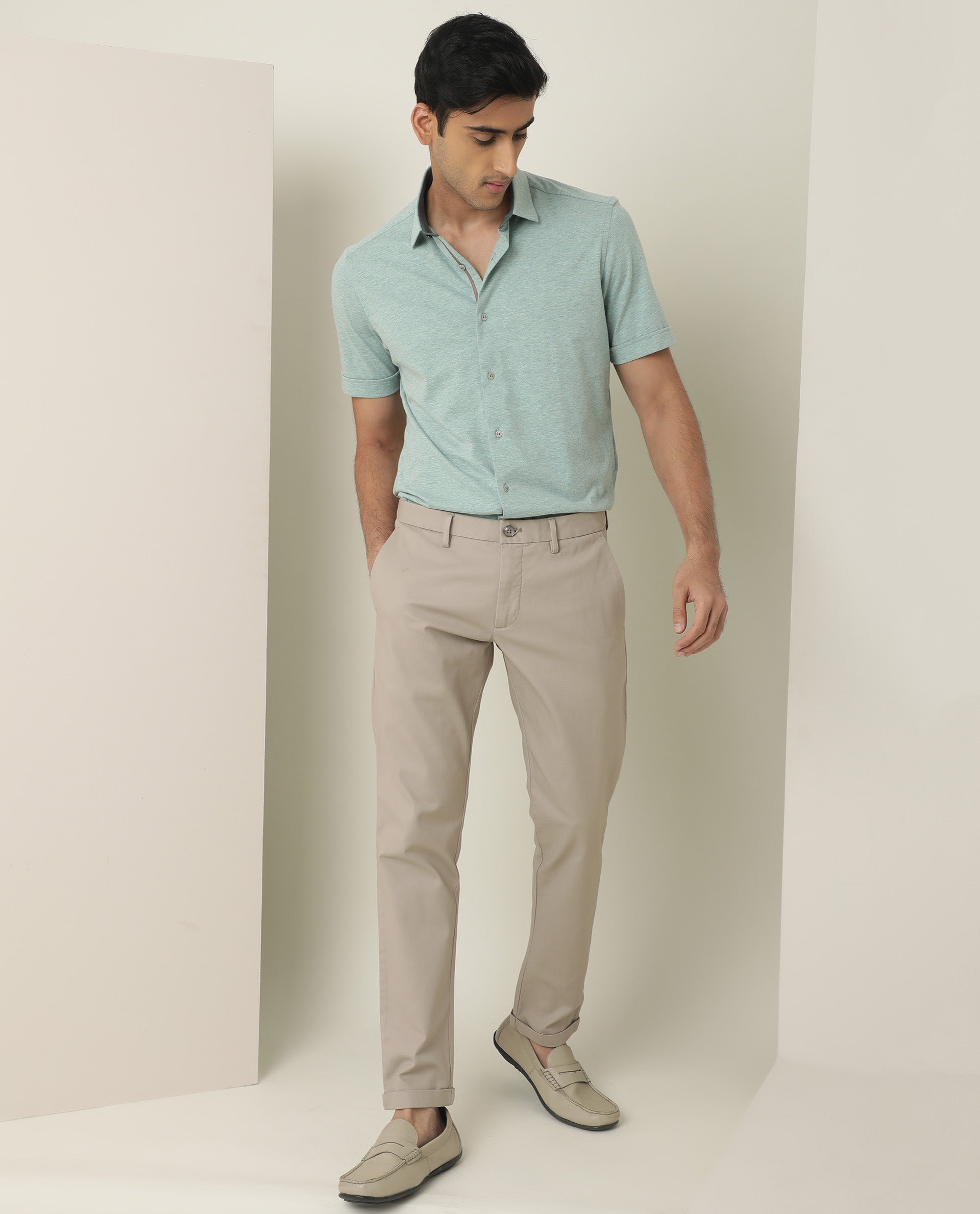 Rare Rabbit Men's Miraj Pastel Green Cotton Fabric Half Sleeves Knitted Shirt