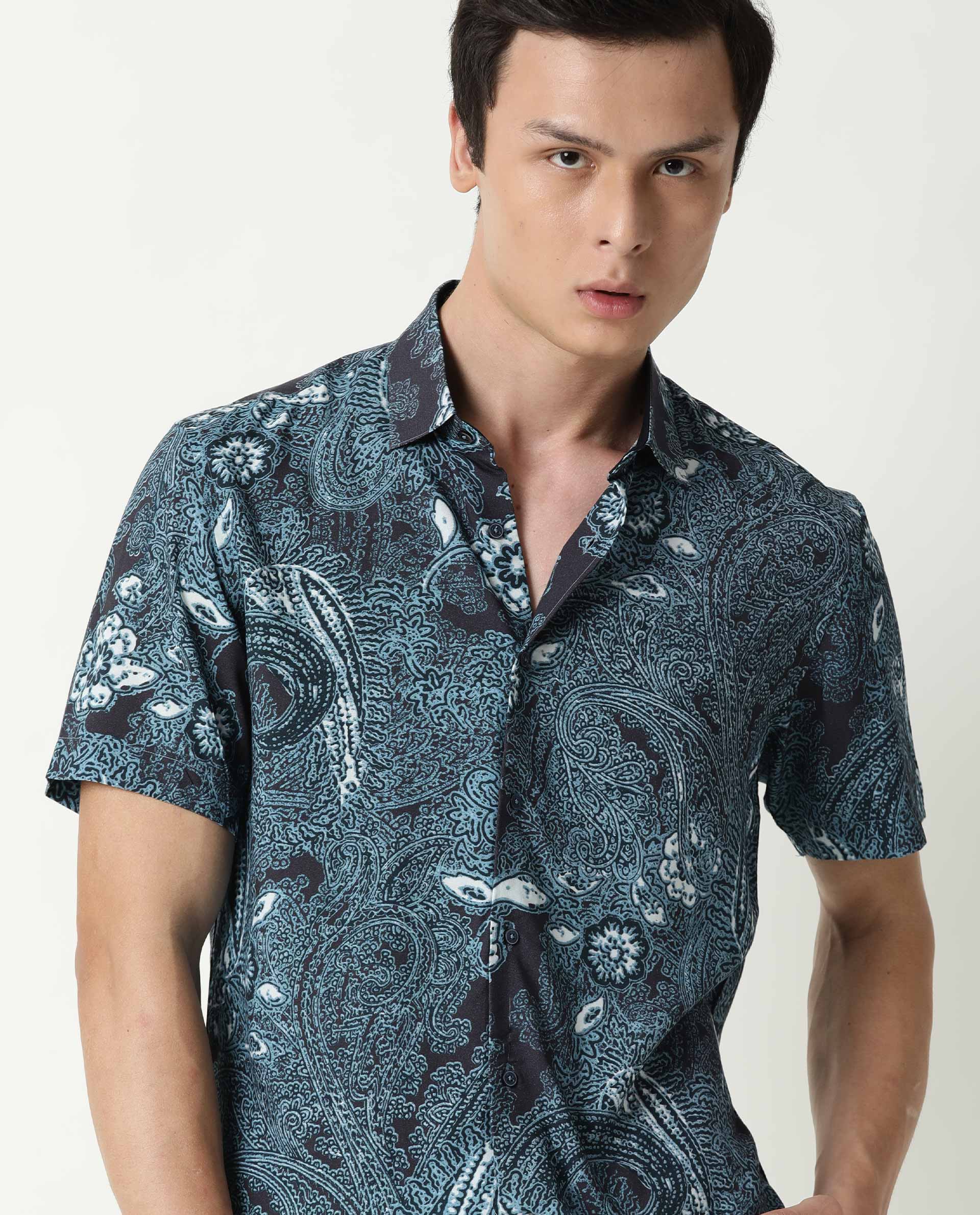 RARE RABBIT MENS LAWRN SS BLUE SHIRT COTTON VISCOSE FABRIC SLIM FIT COLLAR COLLAR Short Sleeve