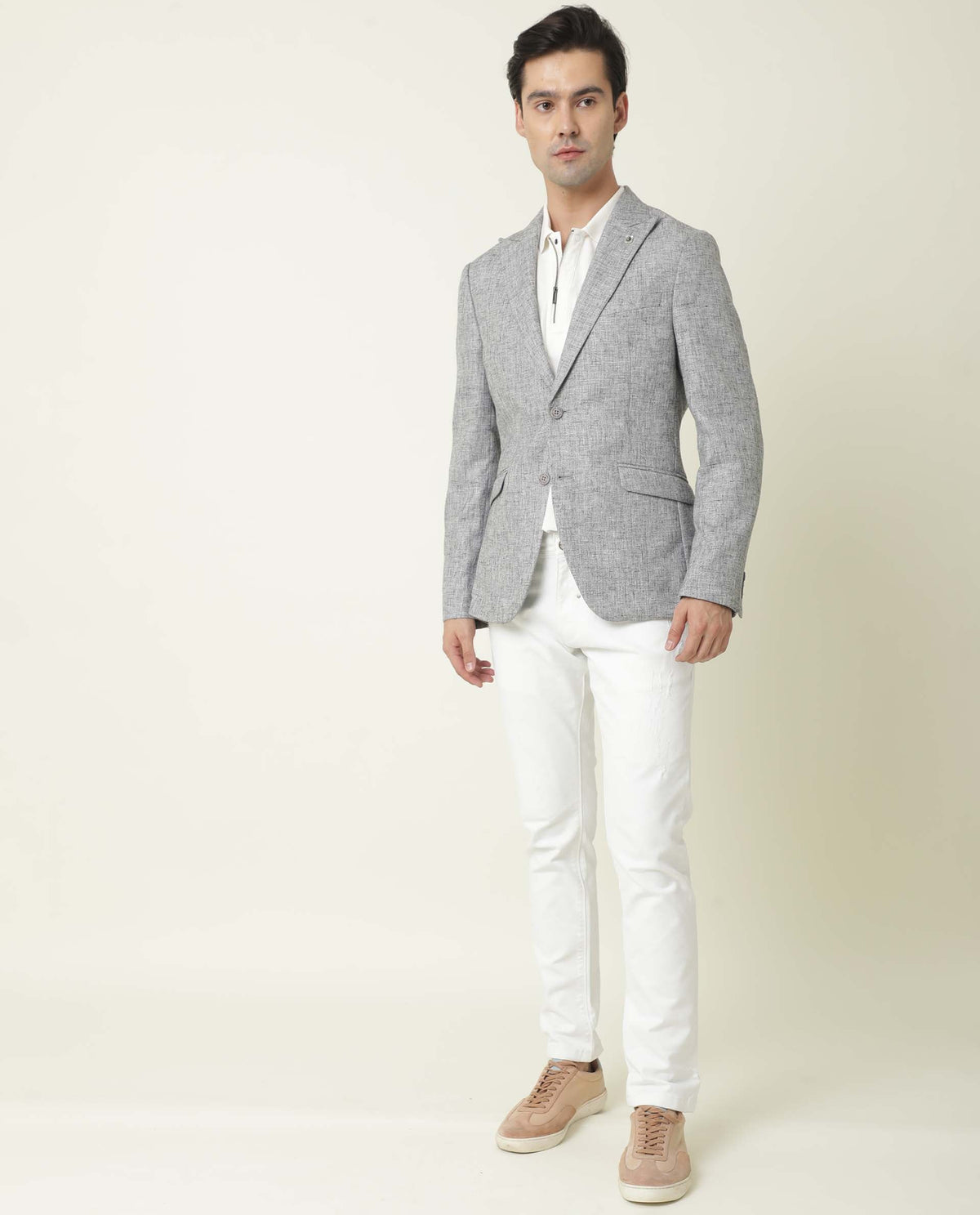 Rare Rabbit Men's Drews Grey Polyester Viscose Fabric Peak Lapel Single Breasted Tailored Fit Textured Blazer