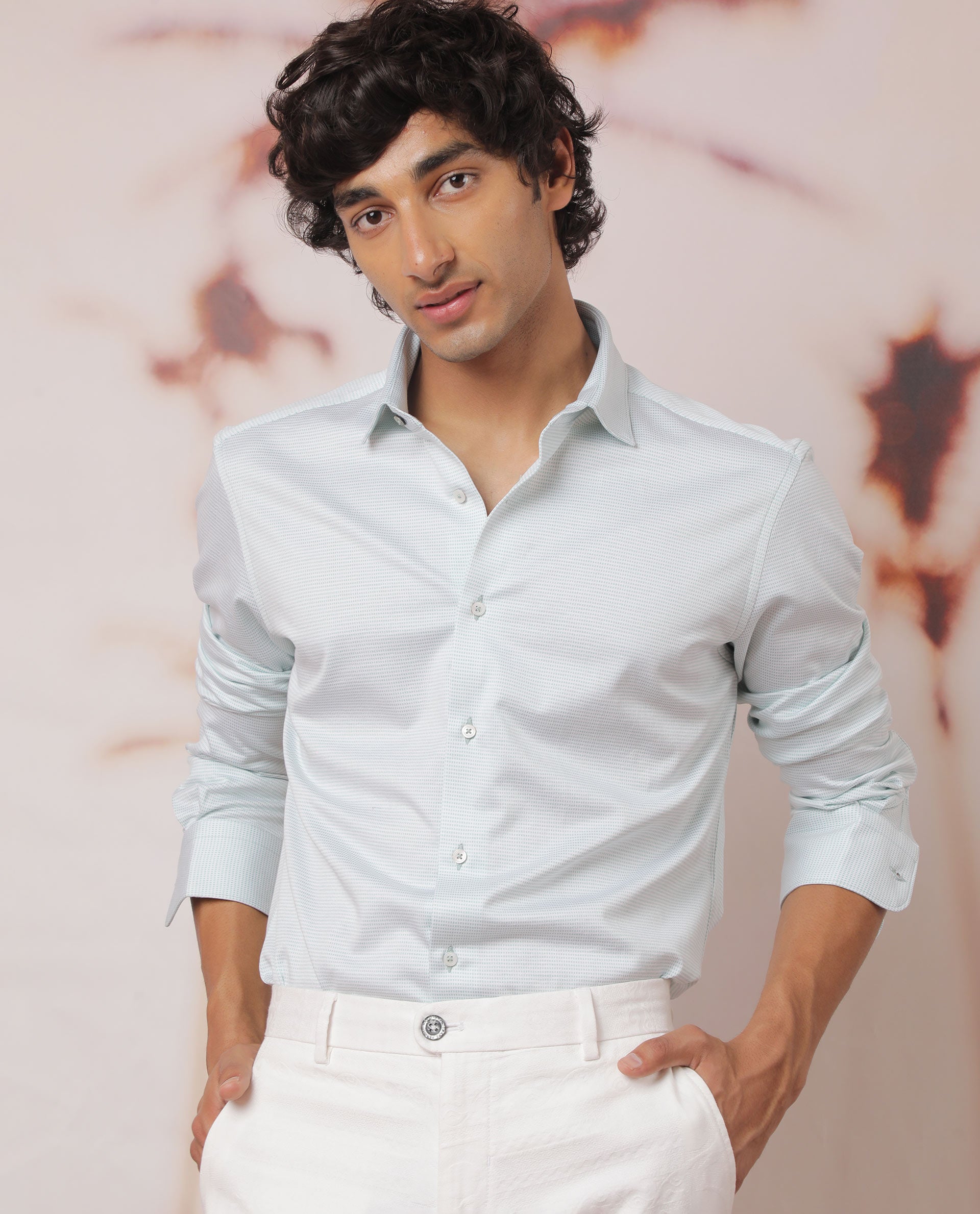 Rare Rabbit Men's Fay Pastel Green Cotton Fabric Full Sleeves Micro Checks Shirt