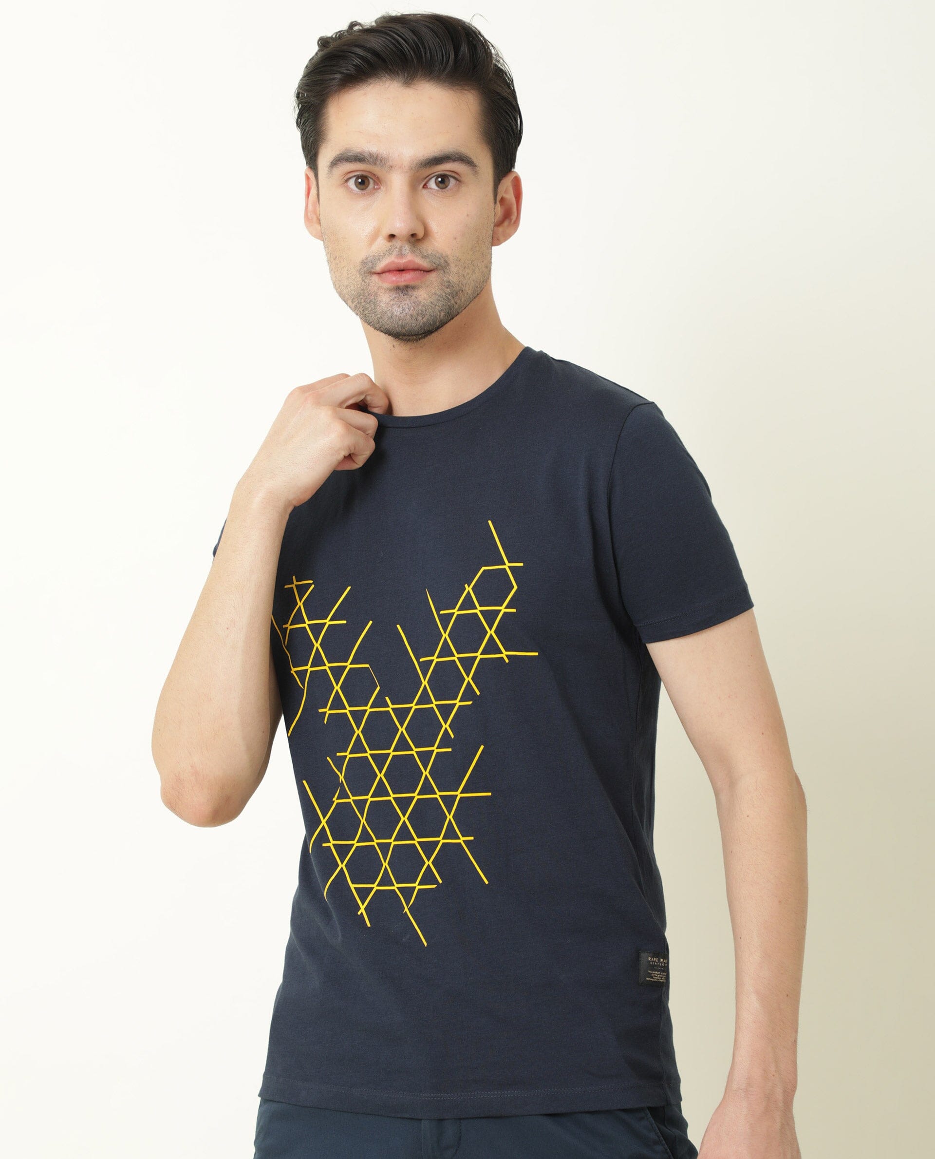 Rare Rabbit Men's Hegon Navy Crew Neck HD Printed Half Sleeves Slim Fit T-Shirt