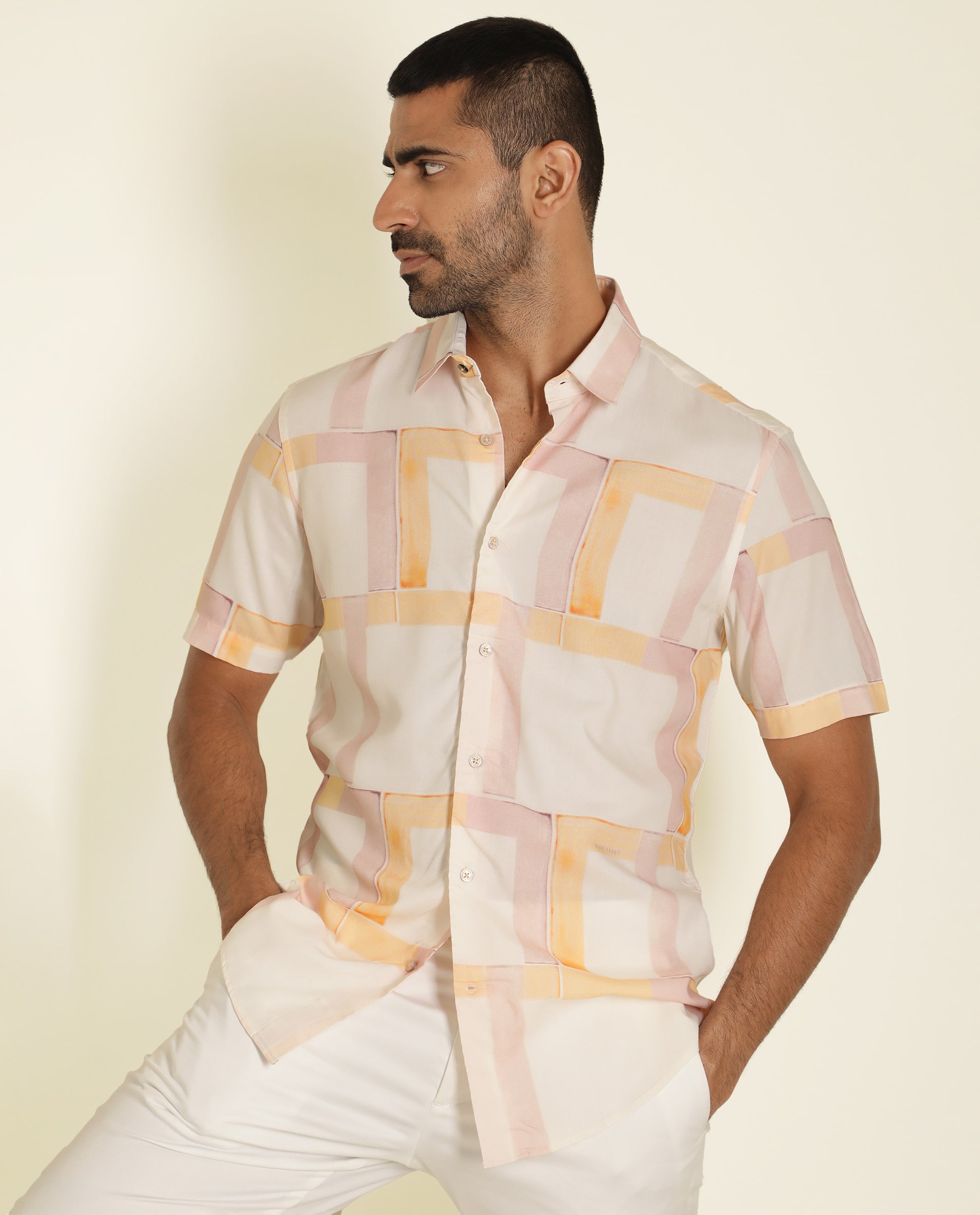 Rare Rabbit Men's Kexby White Viscose Fabric Abstract Print Half Sleeves Shirt