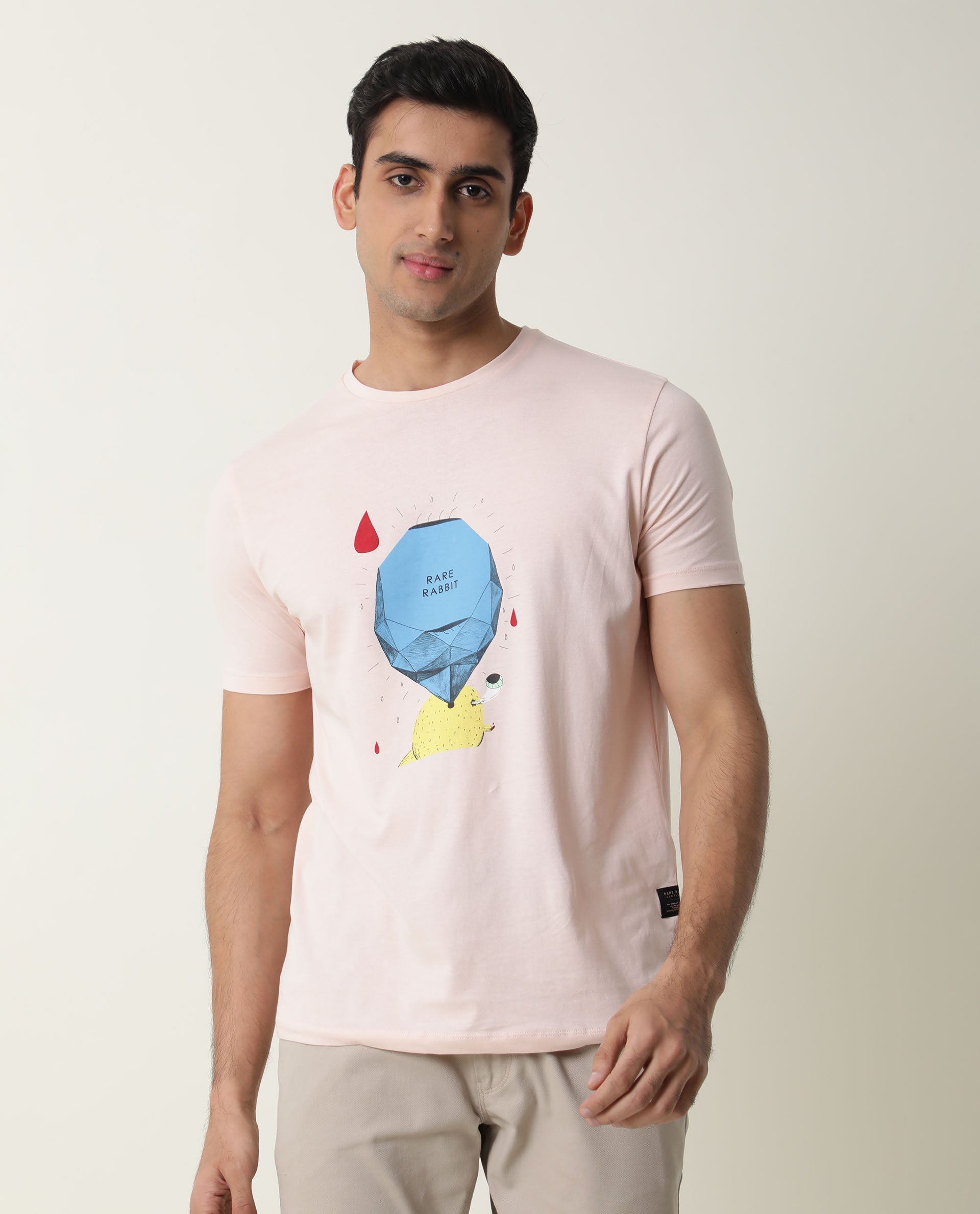 Rare Rabbit Men's Dunnii Pink T-Shirt Cotton Fabric Slim Fit Crew Neck Half Sleeves
