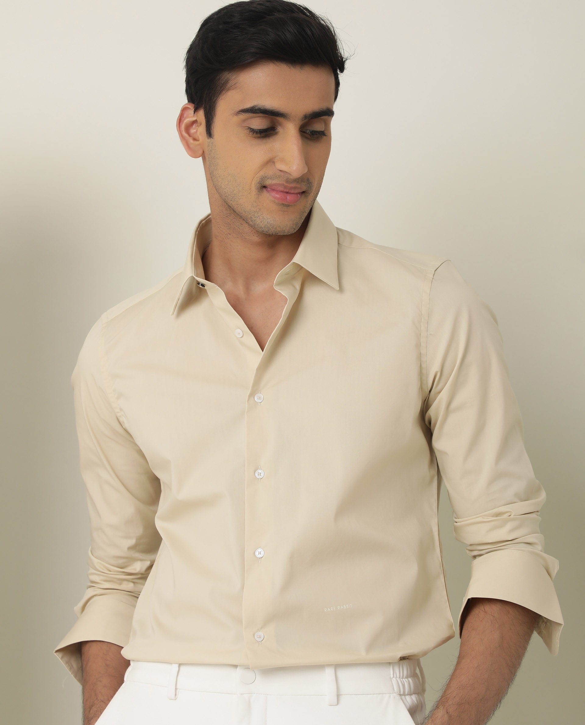 Rare Rabbit Men's Neutons Yellow Cotton Lycra Fabric Full Sleeves Solid Shirt