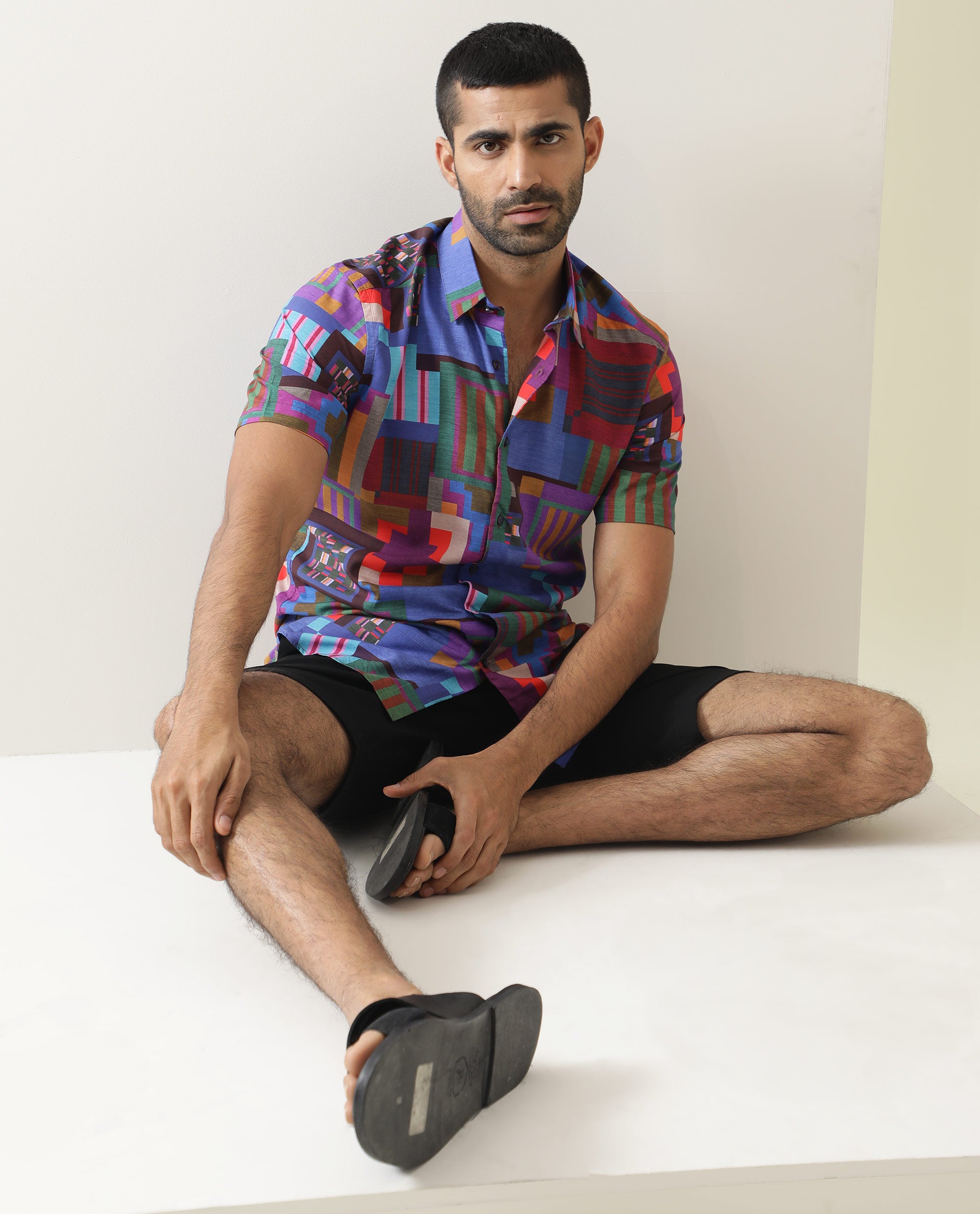 Rare Rabbit Men's Circon Multi Viscose Fabric Half Sleeves Geometric Print Shirt