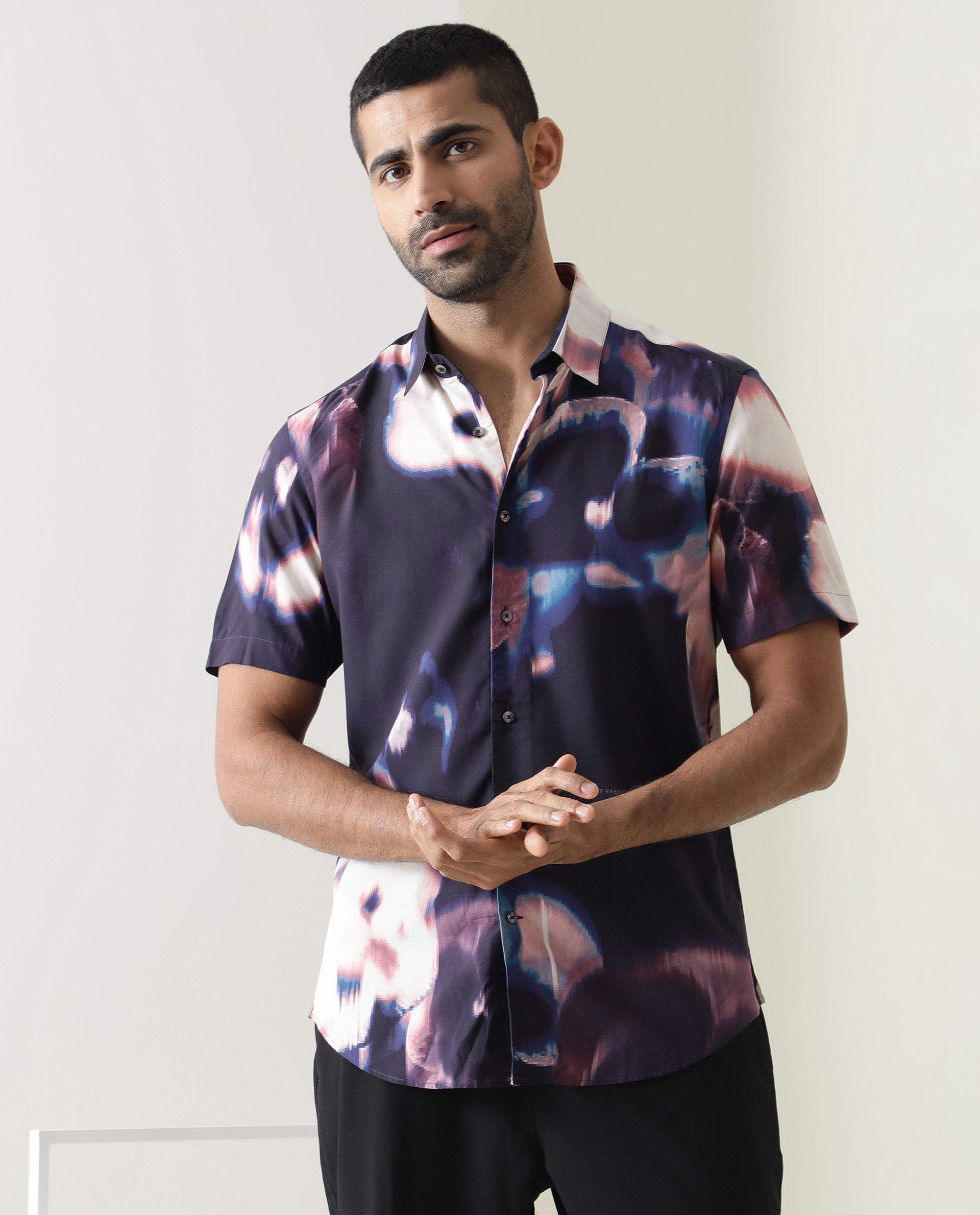 Rare Rabbit Men's Torio Navy Viscose Fabric Abstract Floral Print Half Sleeves Shirt