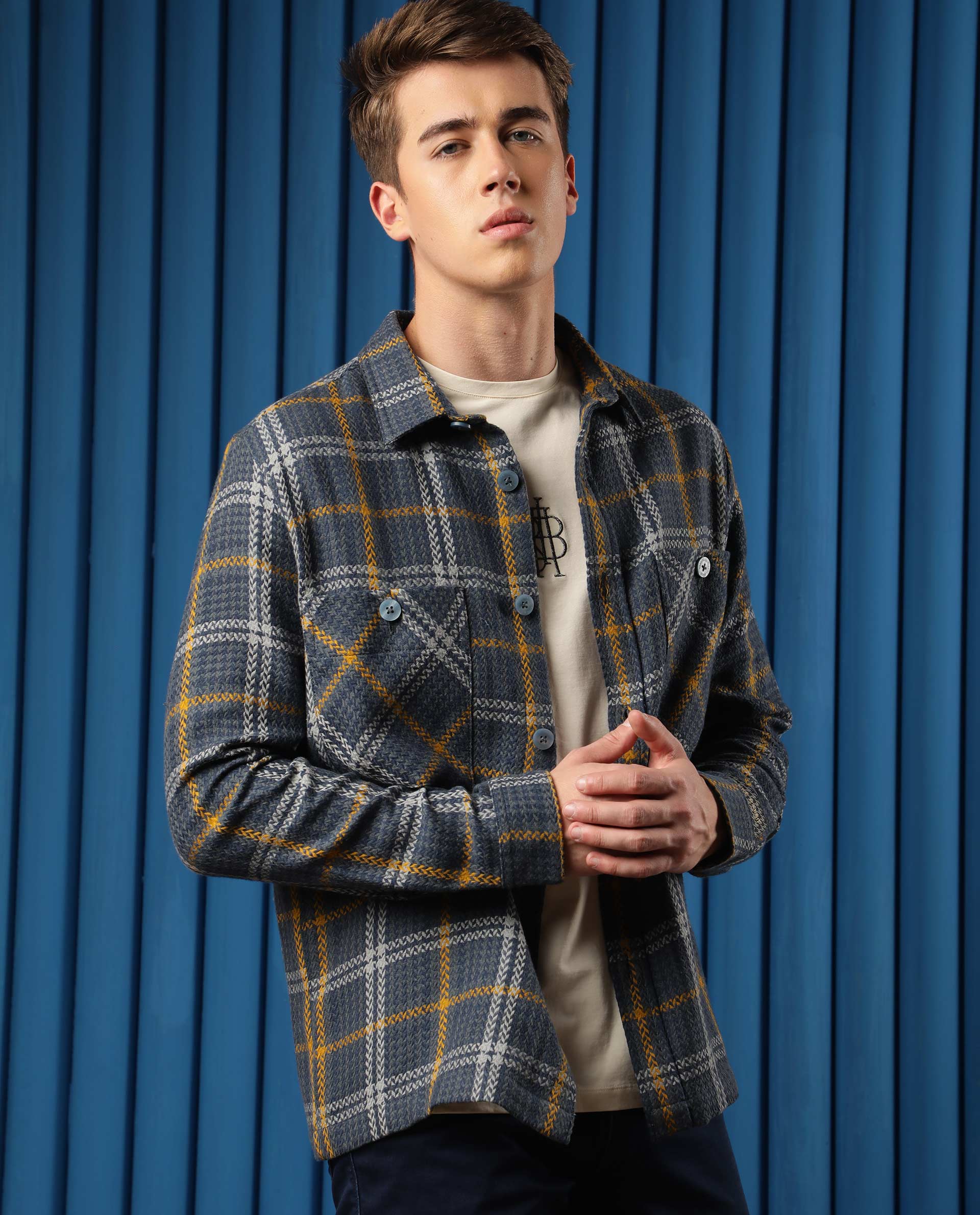 Rare Rabbit Men's Hunter Grey Checks Spread Collar Shacket