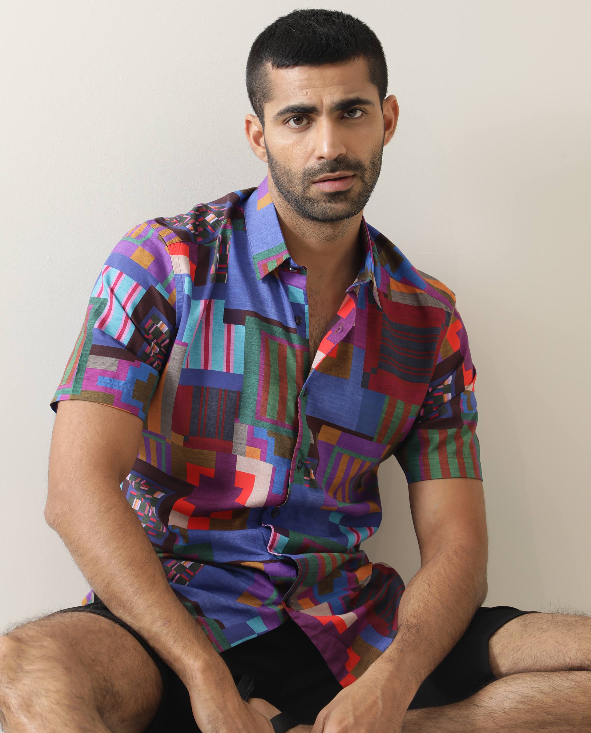 Rare Rabbit Men's Circon Multi Viscose Fabric Half Sleeves Geometric Print Shirt