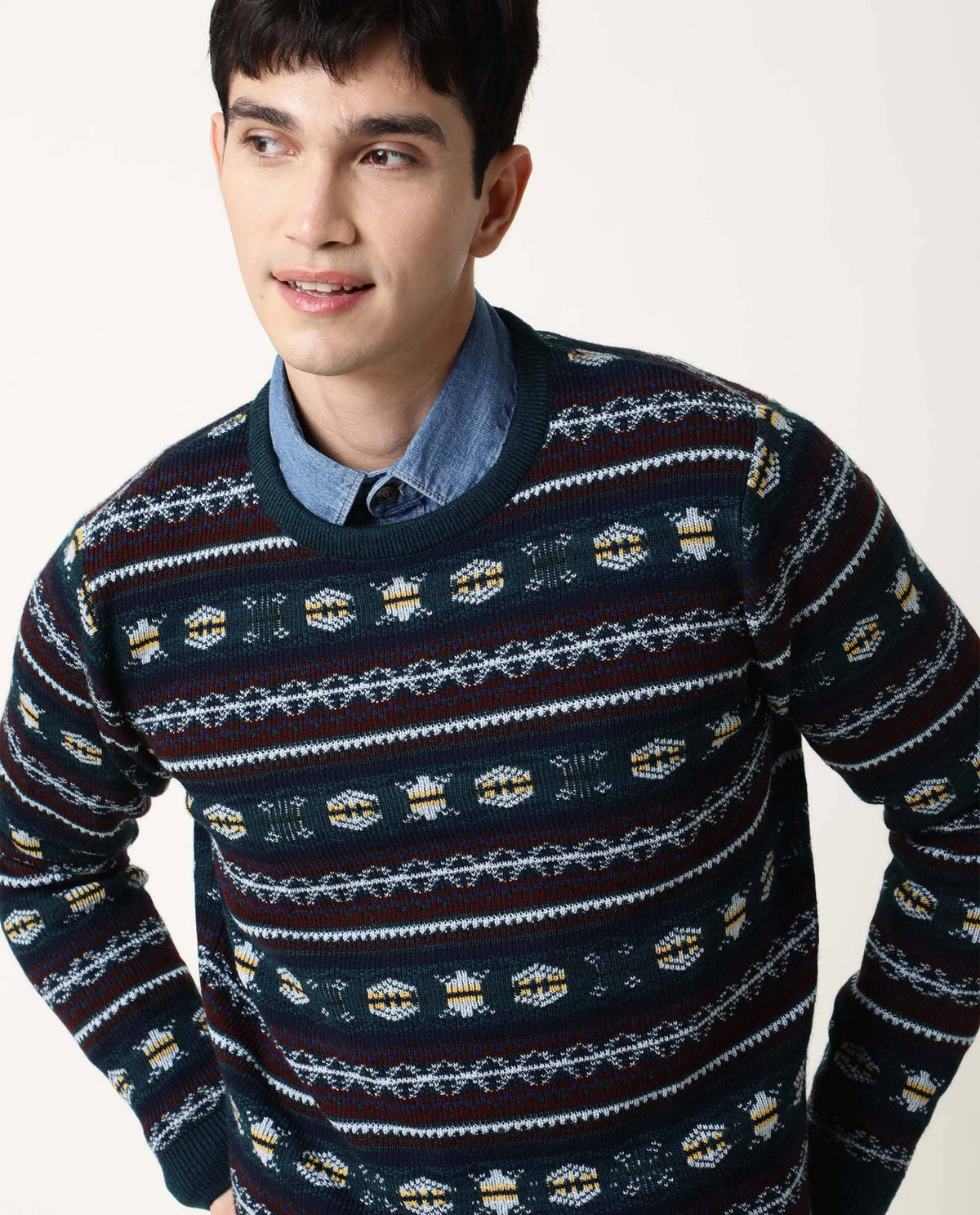 RARE RABBIT MEN'S FARE DARK GREEN PULLOVER ACRYLIC FABRIC ROUND NECK FULL SLEEVES SLIM FIT