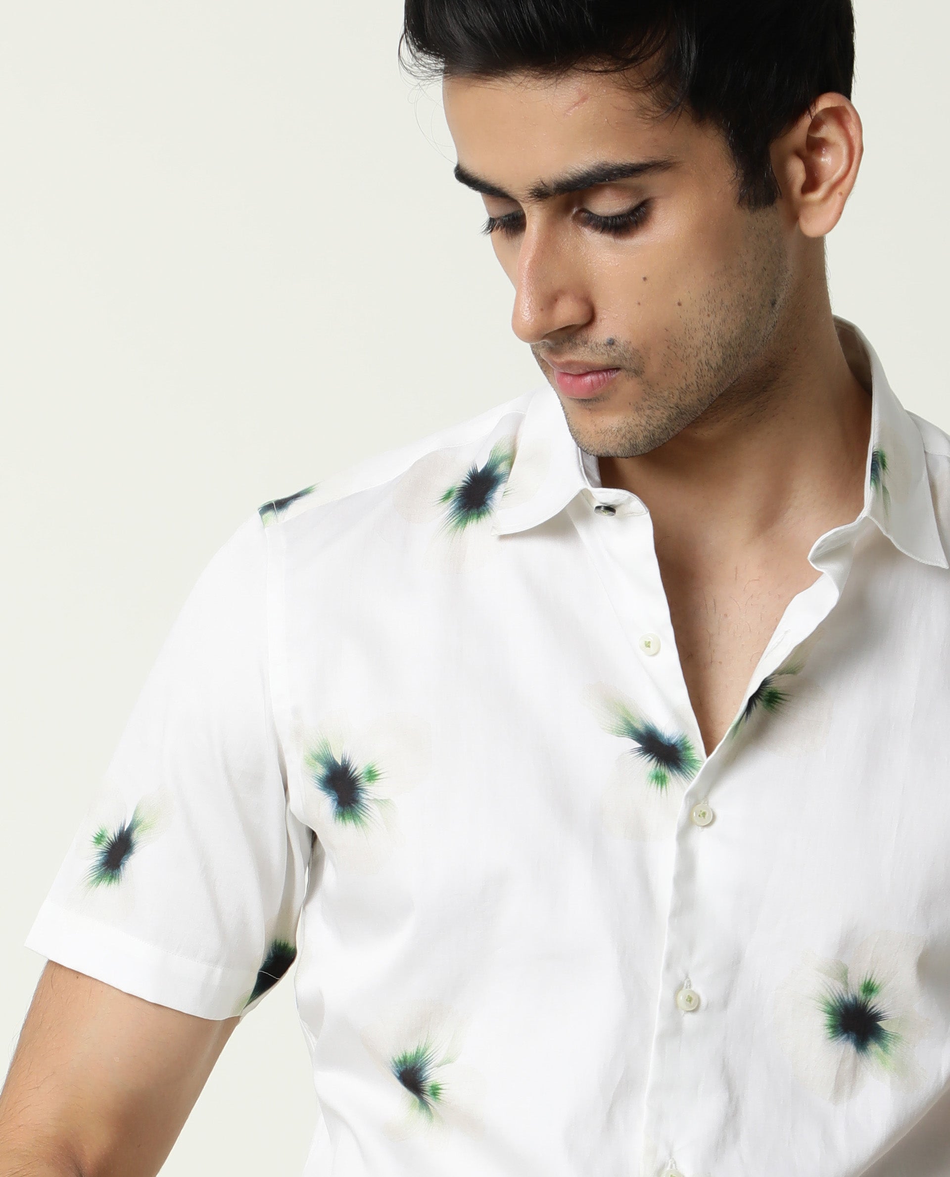 Rare Rabbit Men's Lara Off White Cotton Fabric Floral Print Half Sleeves Shirt