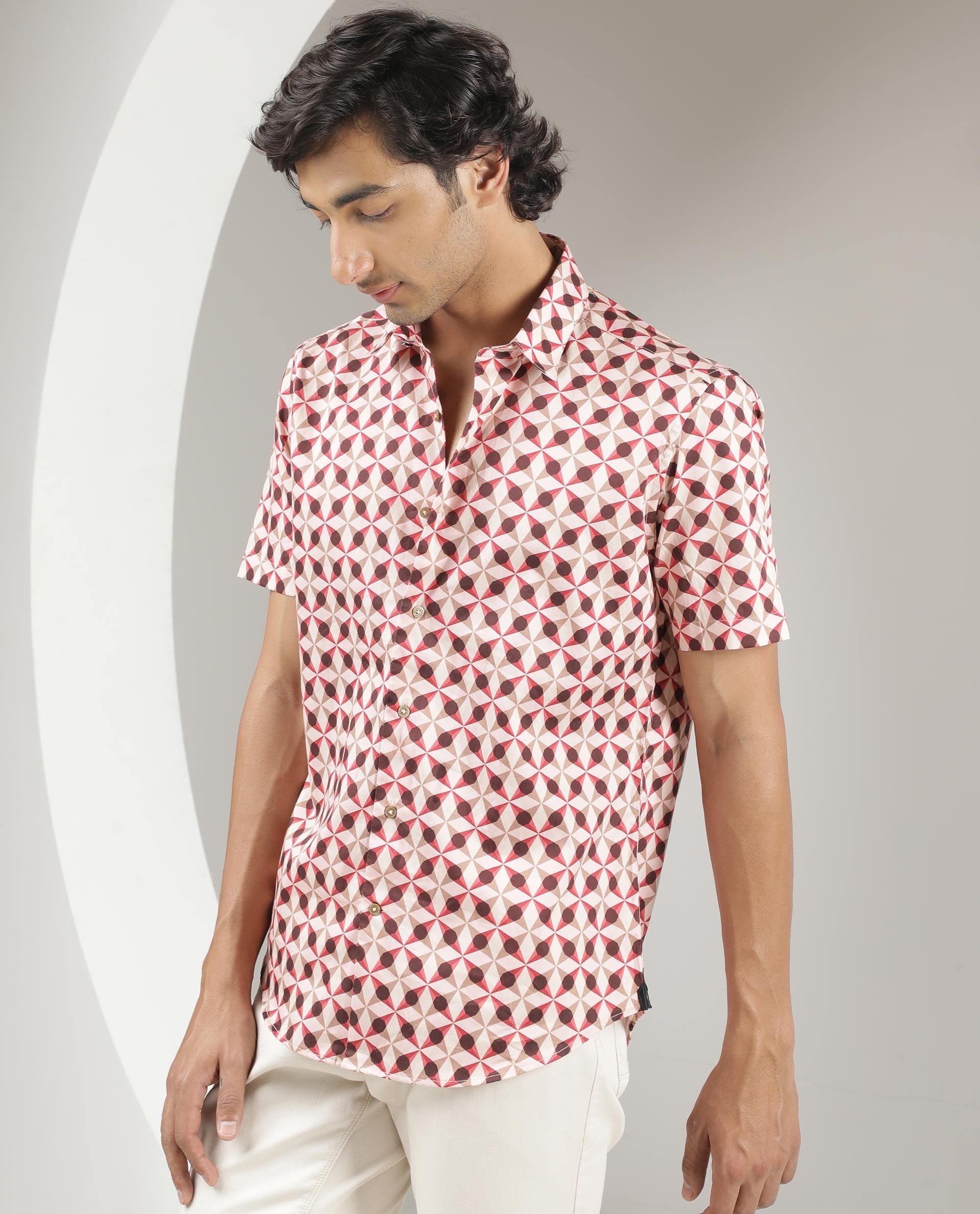 Rare Rabbit Men's Stanet Pink Cotton Fabric Half Sleeves Geometric Print Shirt