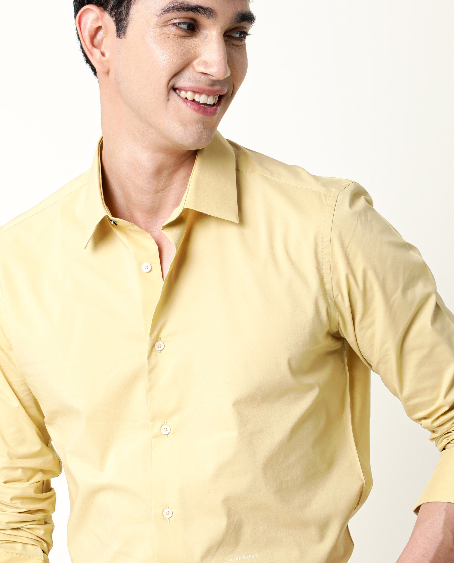 Rare Rabbit Men's Neutro Ls Light Mustard Cotton Polyester Fabric Full Sleeves Solid Shirt