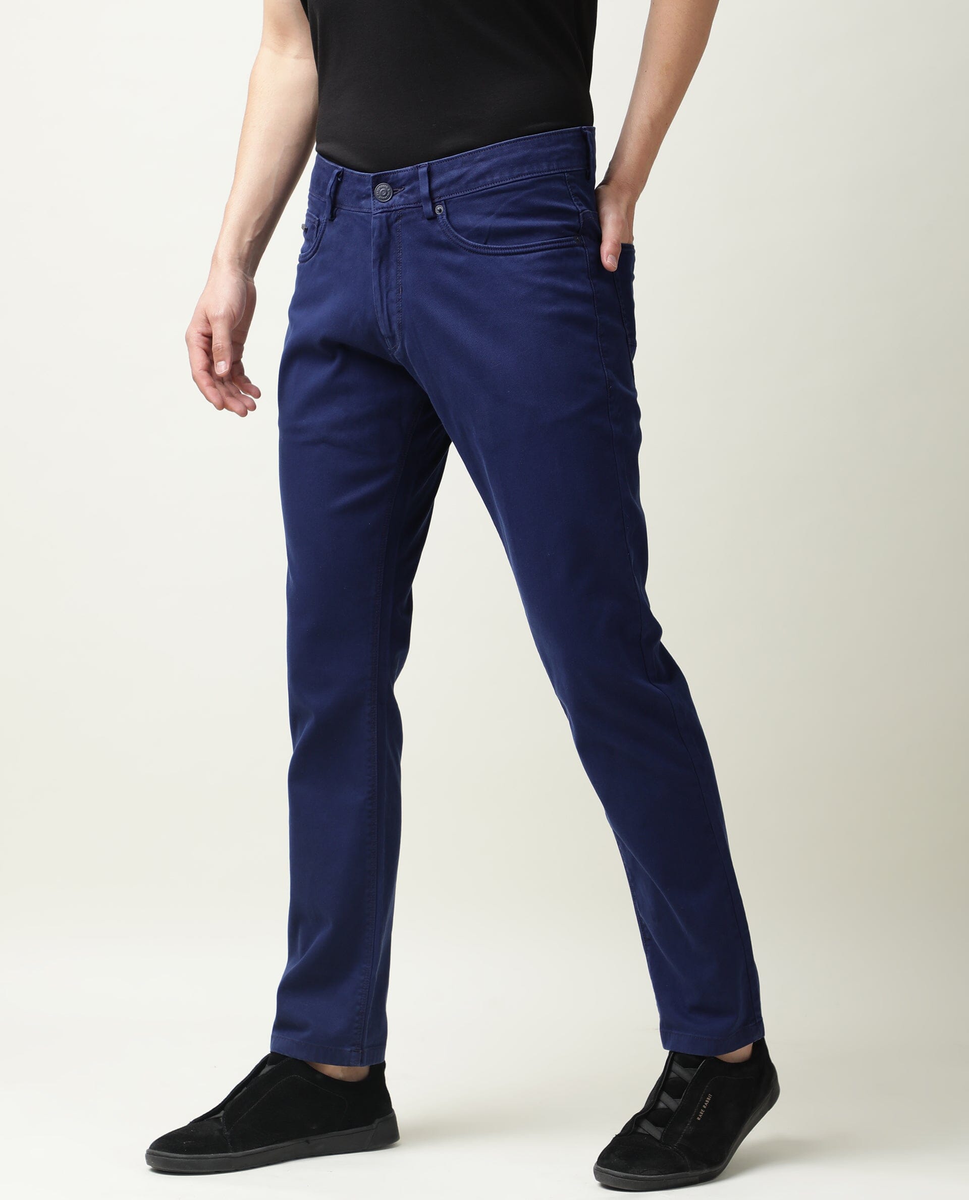 Rare Rabbit Men's Fiv5 Blue Solid Mid-Rise Slim Fit Trouser