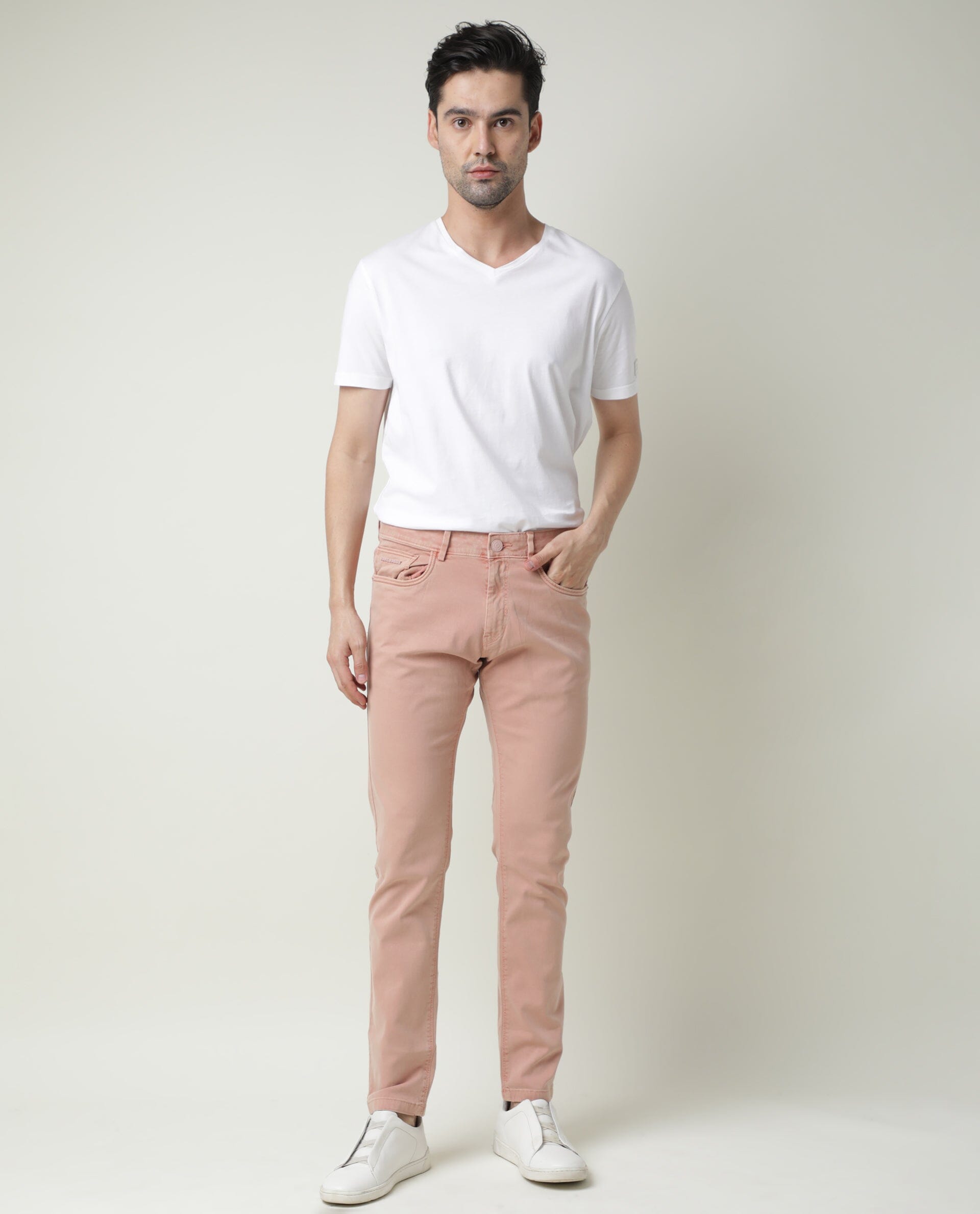 RARE RABBIT FIV5 PRIMARY PINK TROUSER COTTON ELASTANE FABRIC SLIM FIT BUTTON & ZIP CLOSURE
