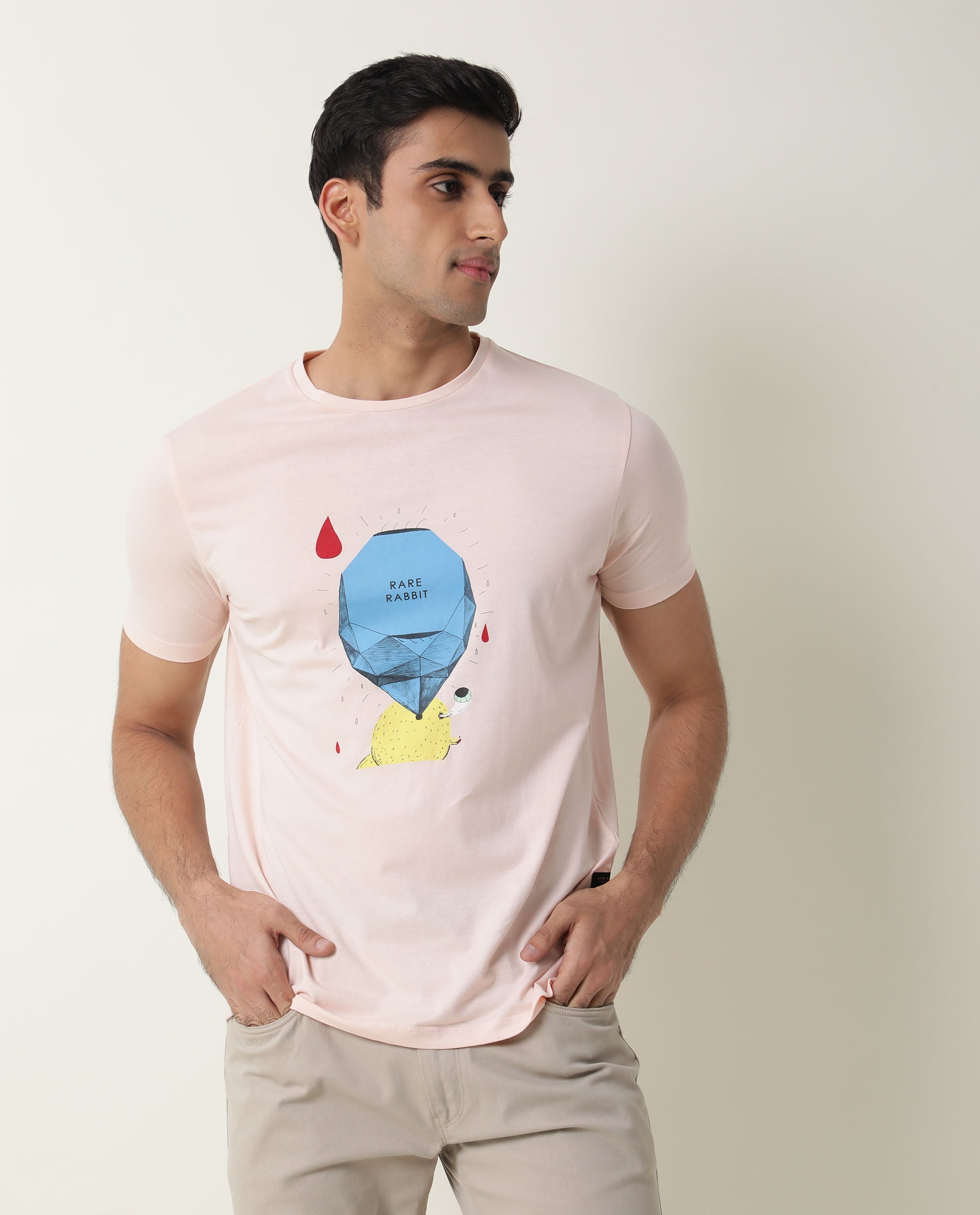 Rare Rabbit Men's Dunnii Pink T-Shirt Cotton Fabric Slim Fit Crew Neck Half Sleeves