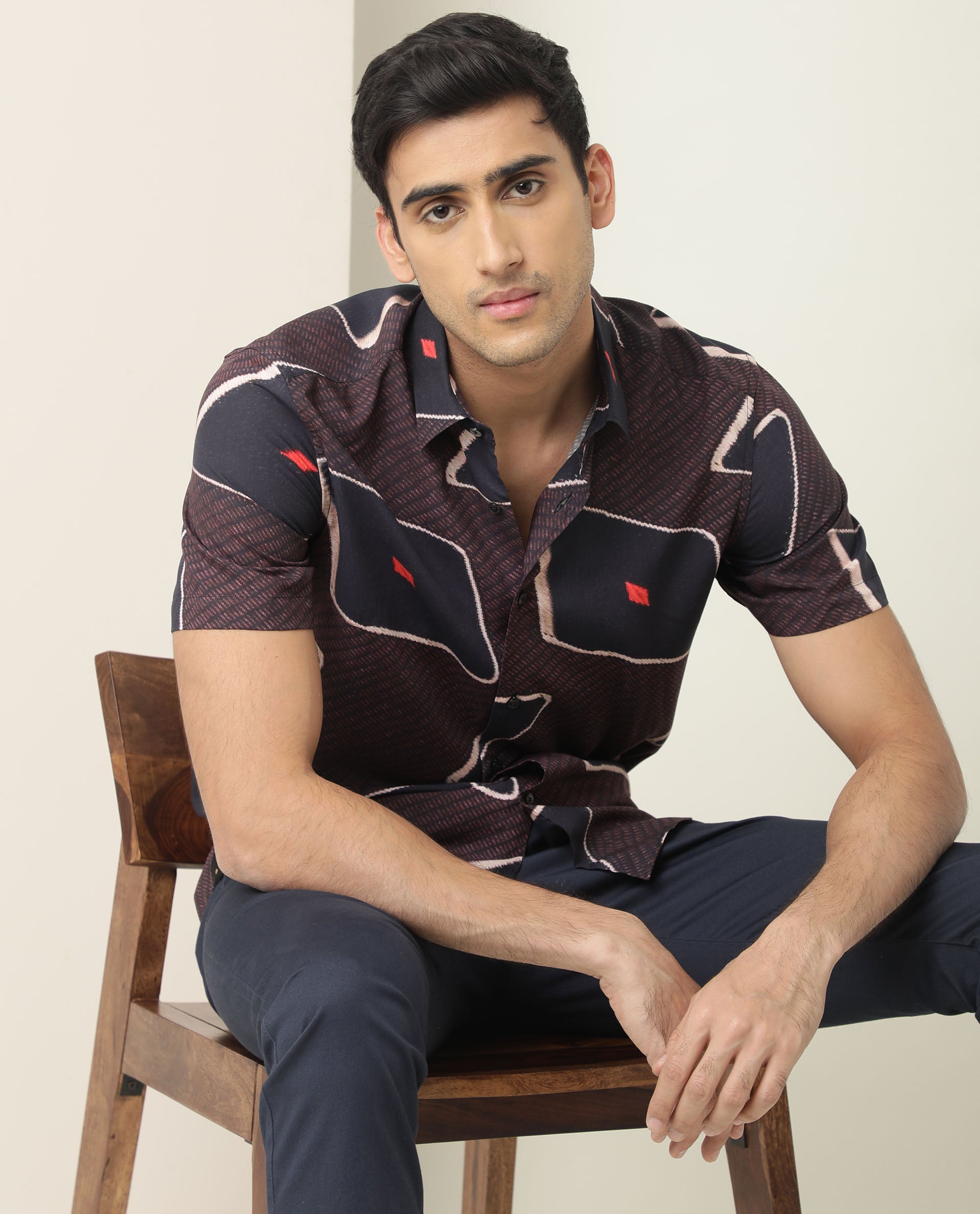 Rare Rabbit Men's Nistic Brown Viscose Fabric Geometric Print Half Sleeves Shirt