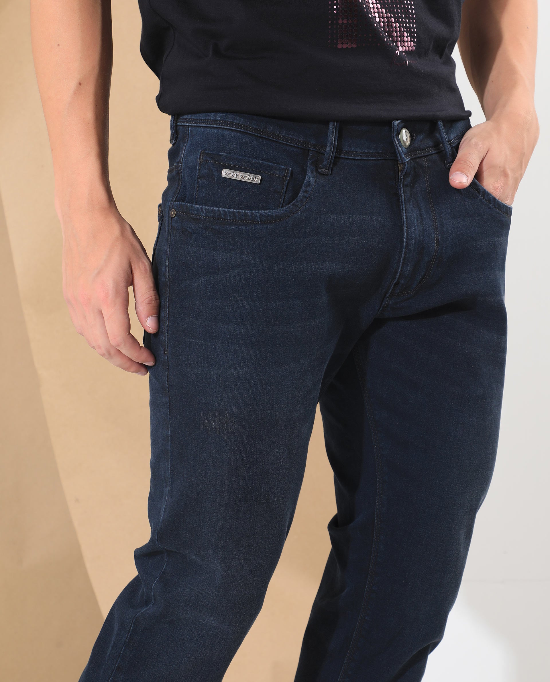 Rare Rabbit Men's Bray Blue Dark Wash Mid-Rise Slim Fit Jeans