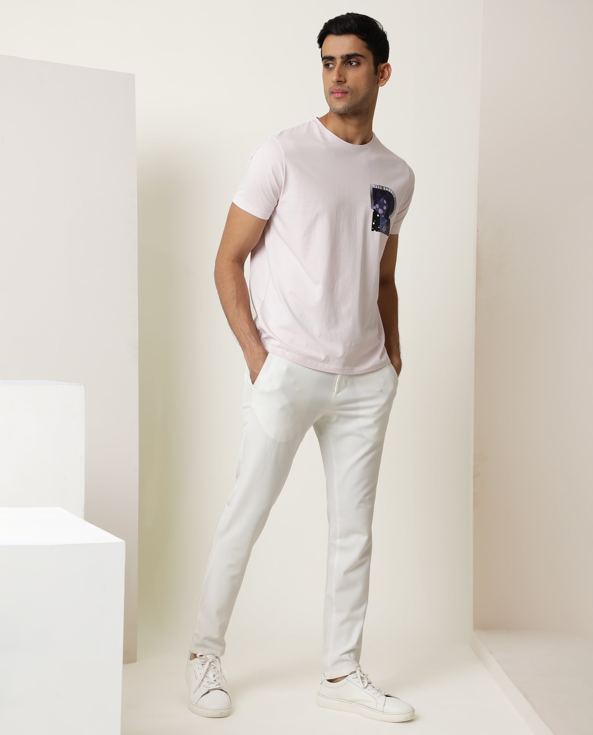 Rare Rabbit Men's Roseta Pink Cotton Lycra Fabric Crew Neck Half Sleeves Regular Fit Abstract Graphic Print T-shirt