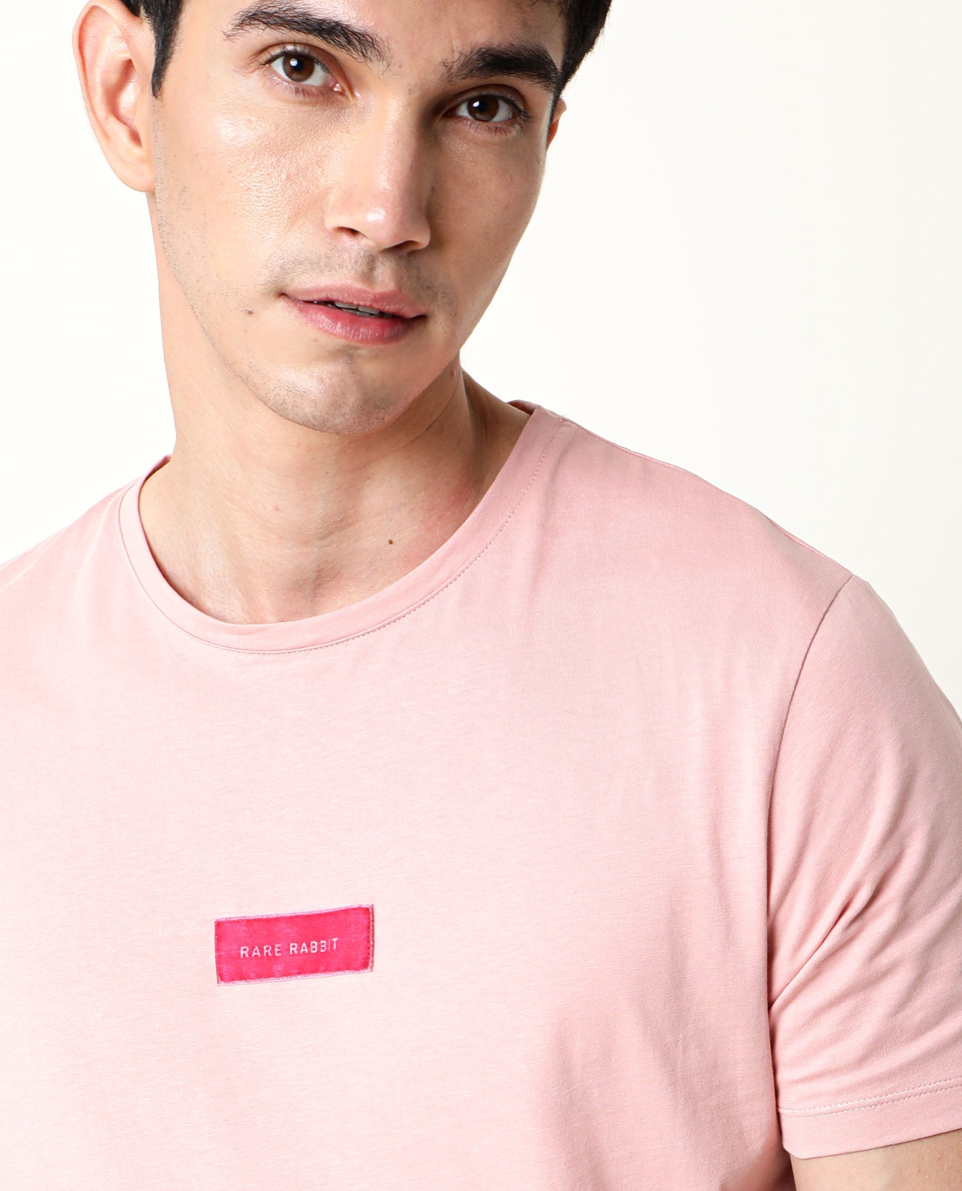 Rare Rabbit Men's Trix Peach Cotton Fabric Crew Neck Half Sleeves Slim Fit Velvet Badge Solid T-Shirt