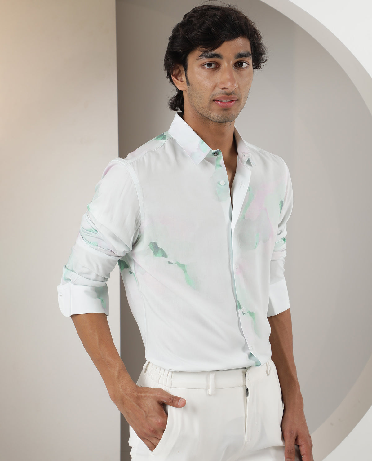 Rare Rabbit Men's Silium Pastel Green Viscose Fabric Abstract Print Full Sleeves Shirt