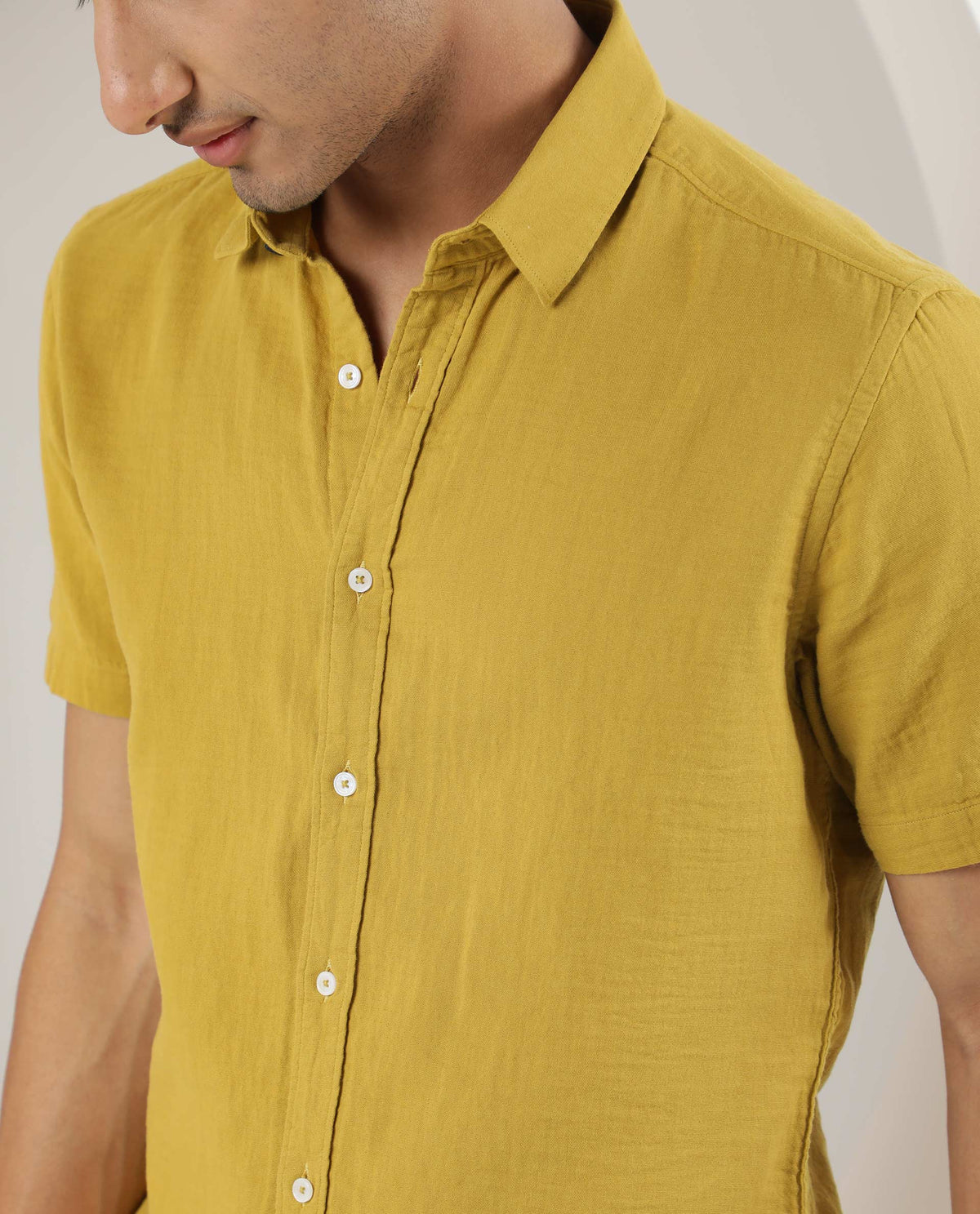 Rare Rabbit Men's Lay Yellow Cotton Fabric Half Sleeves Solid Shirt