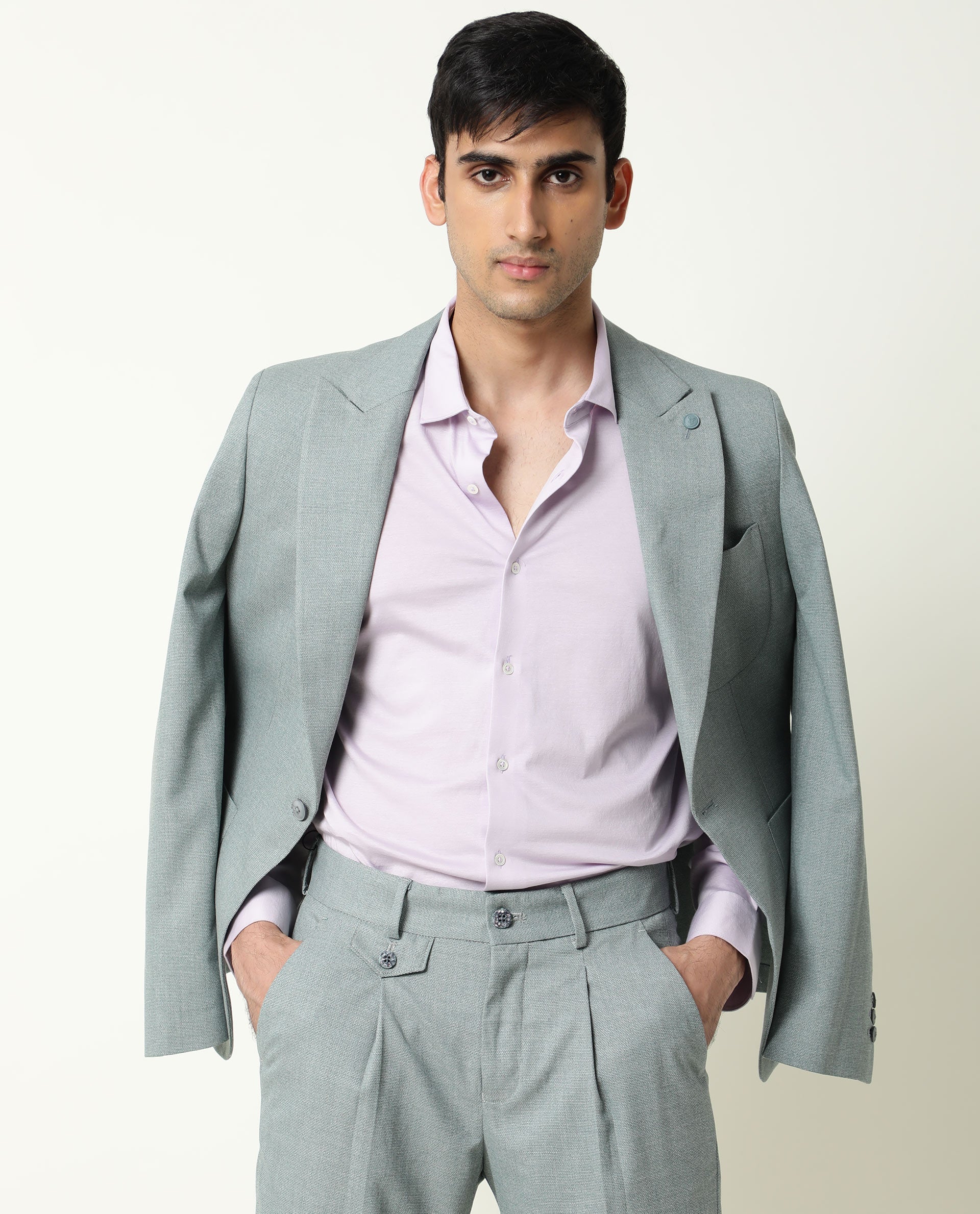 Rare Rabbit Men's Dexit Primary Green Polyester Viscose Fabric Peak Lapel Single Breasted Tailored Fit Textured Blazer