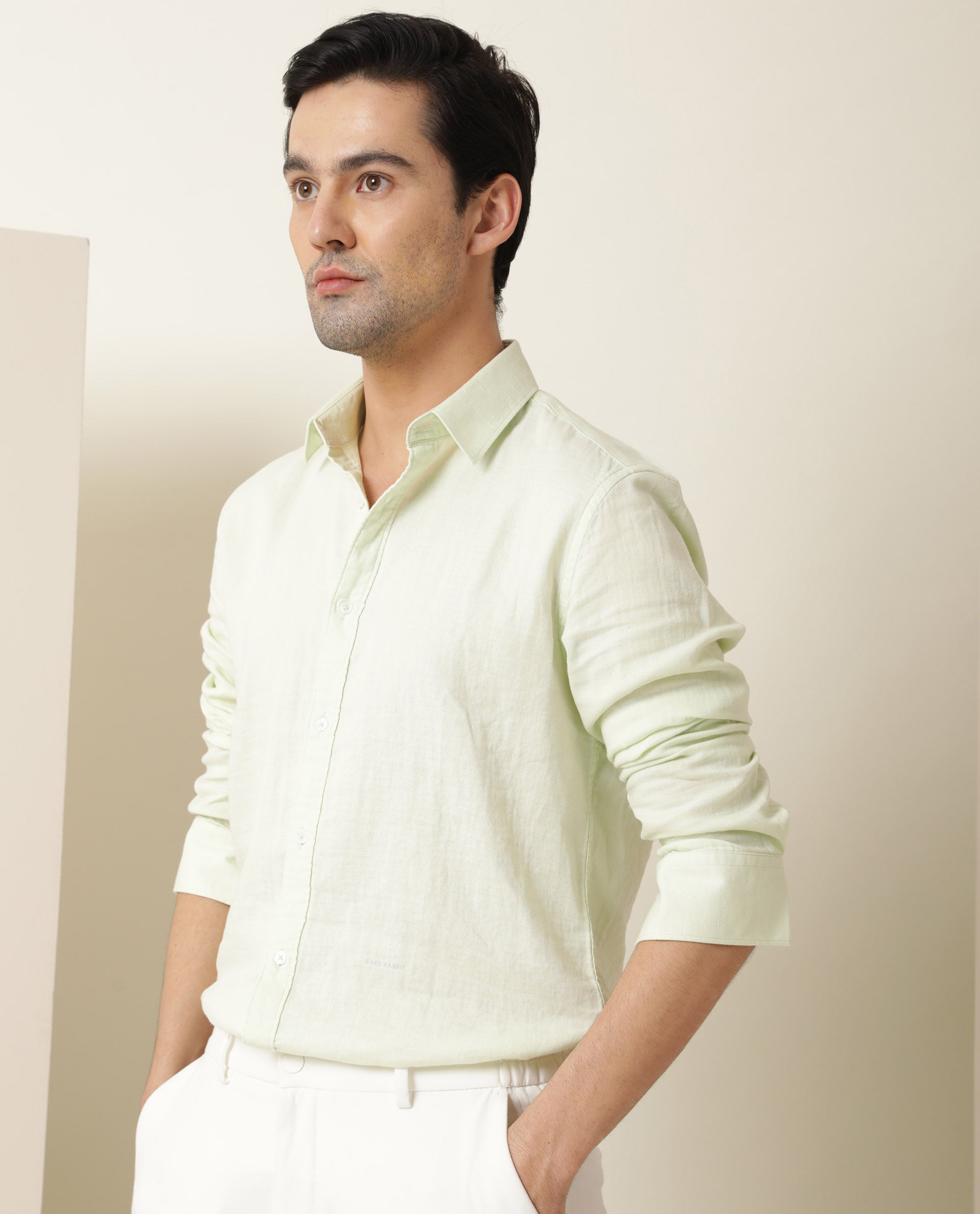 Rare Rabbit Men's Layerr Light Green Cotton Fabric Full Sleeves Solid Shirt